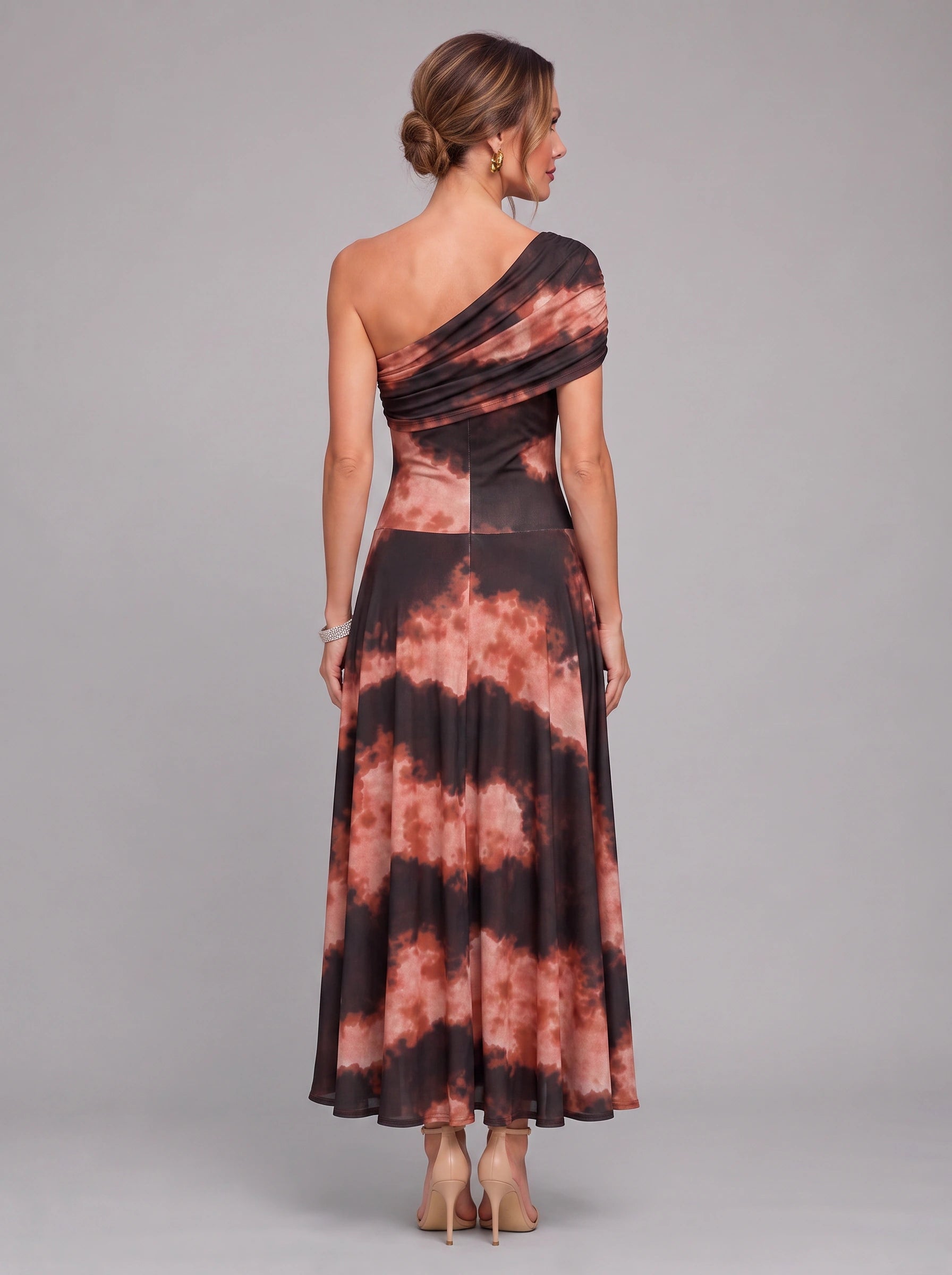 Cromella One-Shoulder Maxi Dress – Abstract Print Women Formal Cocktail Evening Wedding Guest Maxi Dress