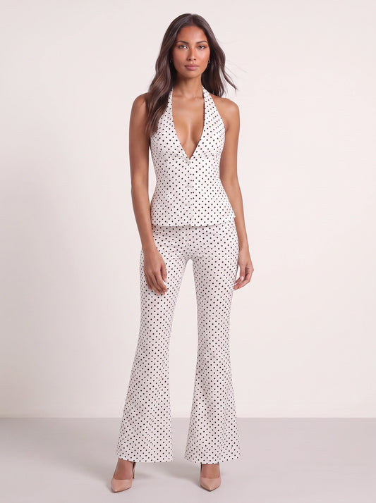 Puntessa Halter Flare Jumpsuit – Polka Dot Wide Leg Women Retro 70s Party Cocktail Evening Jumpsuit