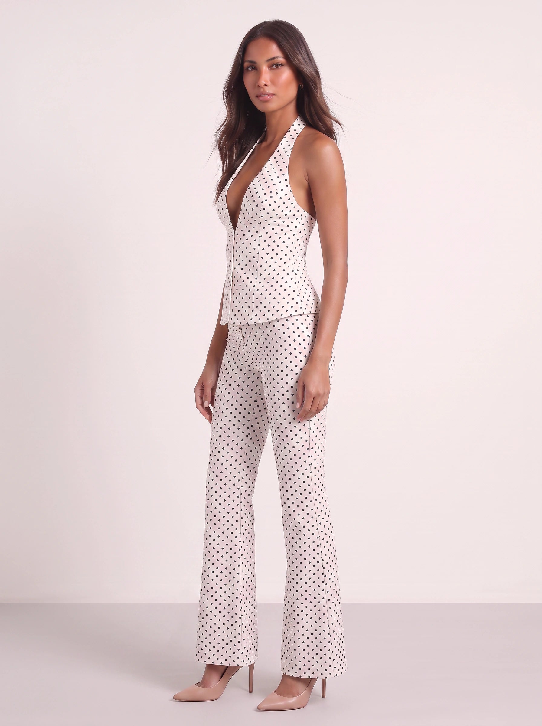 Puntessa Halter Flare Jumpsuit – Polka Dot Wide Leg Women Retro 70s Party Cocktail Evening Jumpsuit