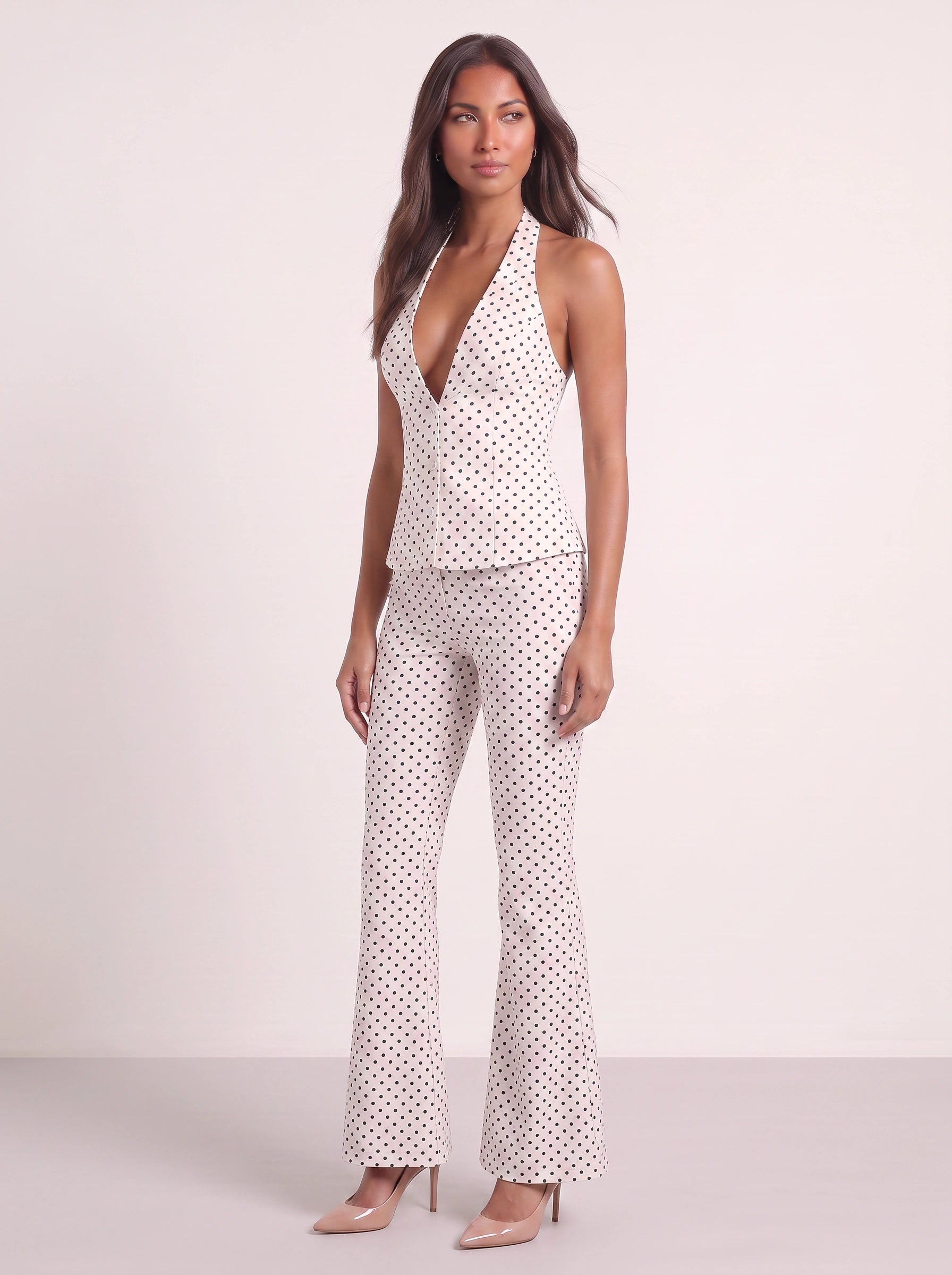Puntessa Halter Flare Jumpsuit – Polka Dot Wide Leg Women Retro 70s Party Cocktail Evening Jumpsuit