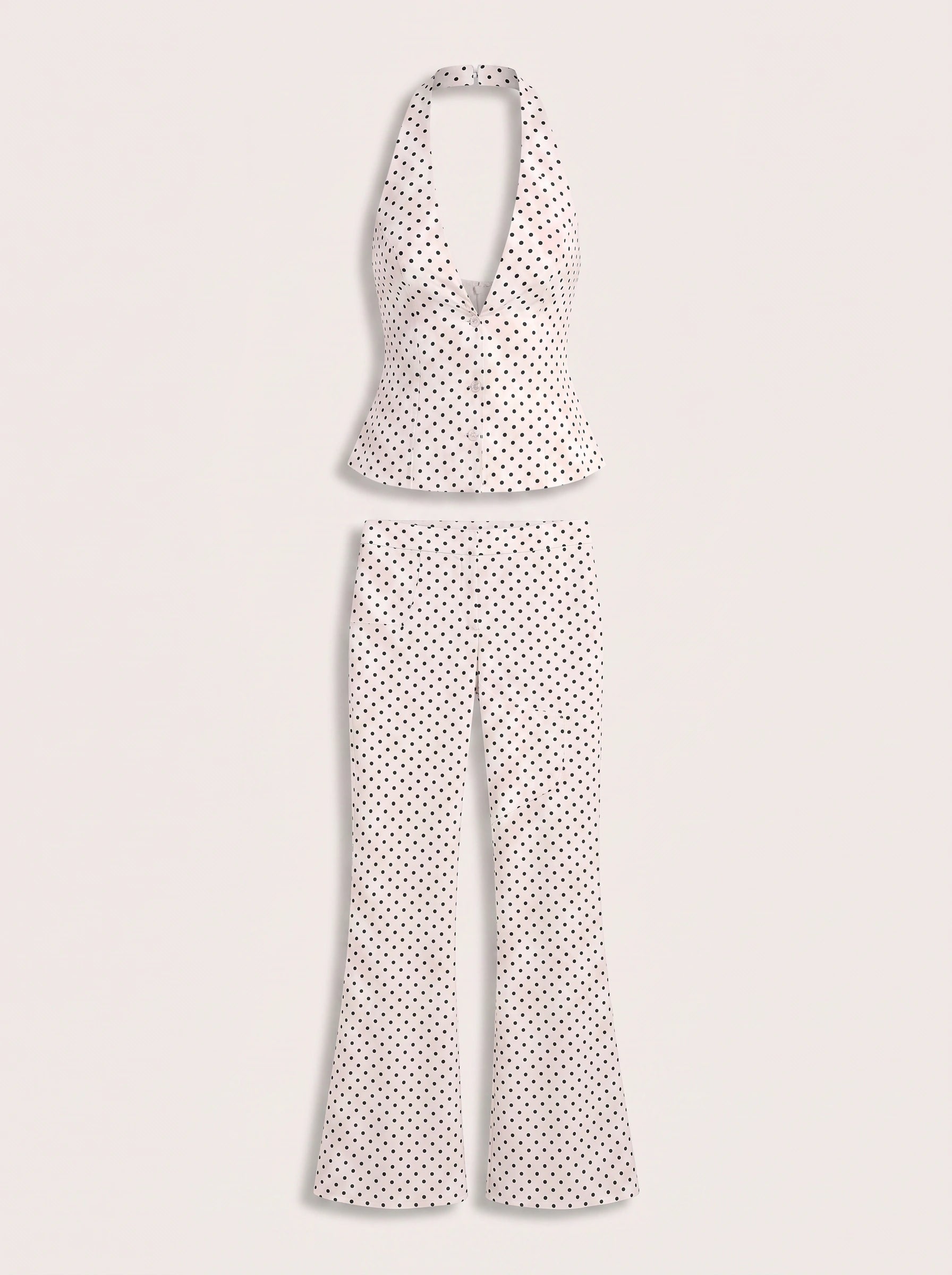 Puntessa Halter Flare Jumpsuit – Polka Dot Wide Leg Women Retro 70s Party Cocktail Evening Jumpsuit