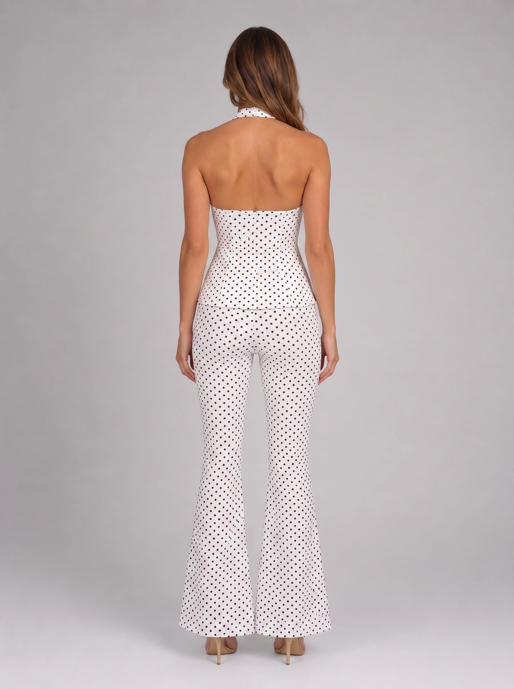 Puntessa Halter Flare Jumpsuit – Polka Dot Wide Leg Women Retro 70s Party Cocktail Evening Jumpsuit