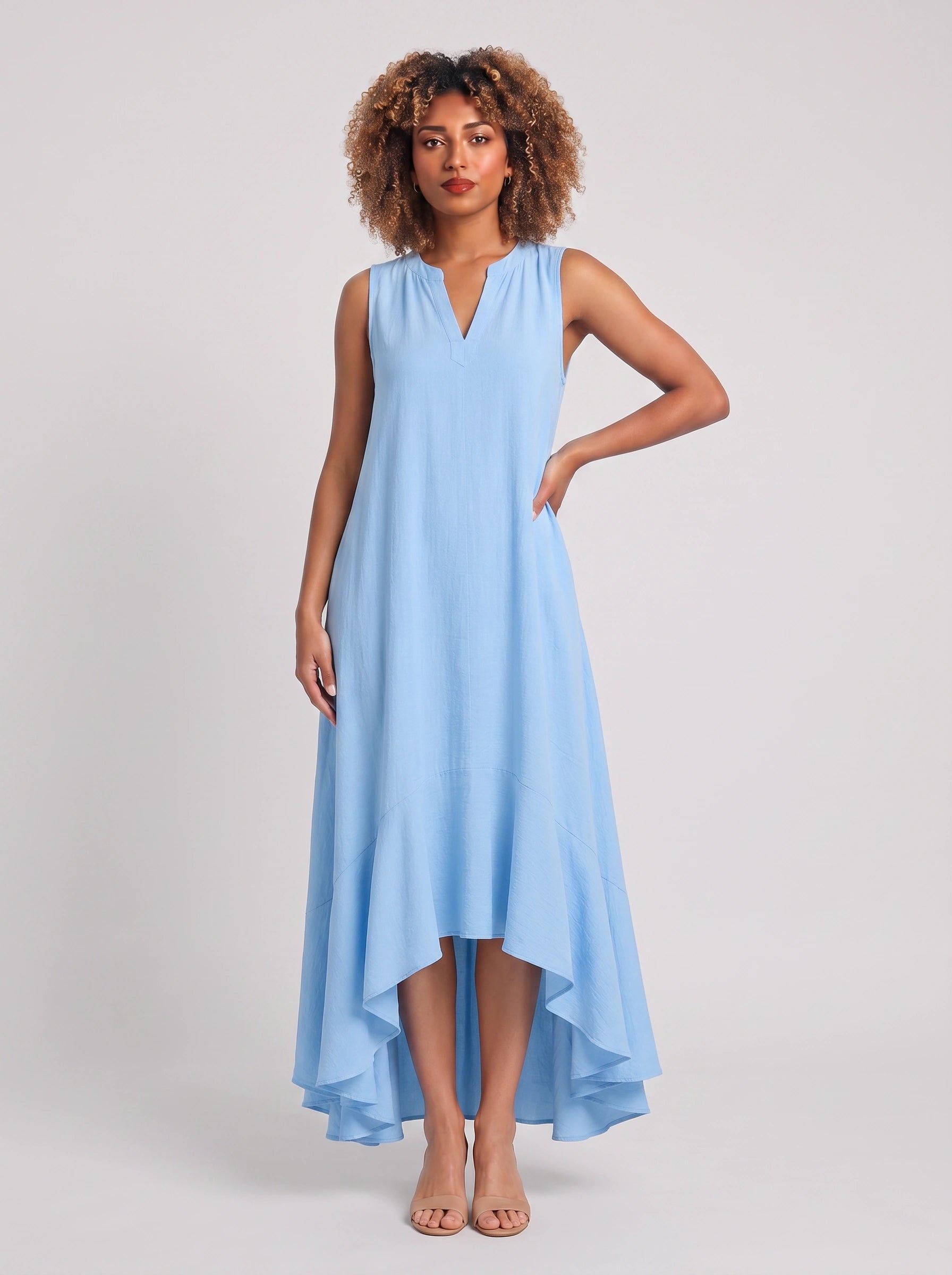 Cascara Asymmetric High-Low Maxi Dress – Women Sleeveless V-Neck Formal Wedding Guest Cocktail Maxi Dress