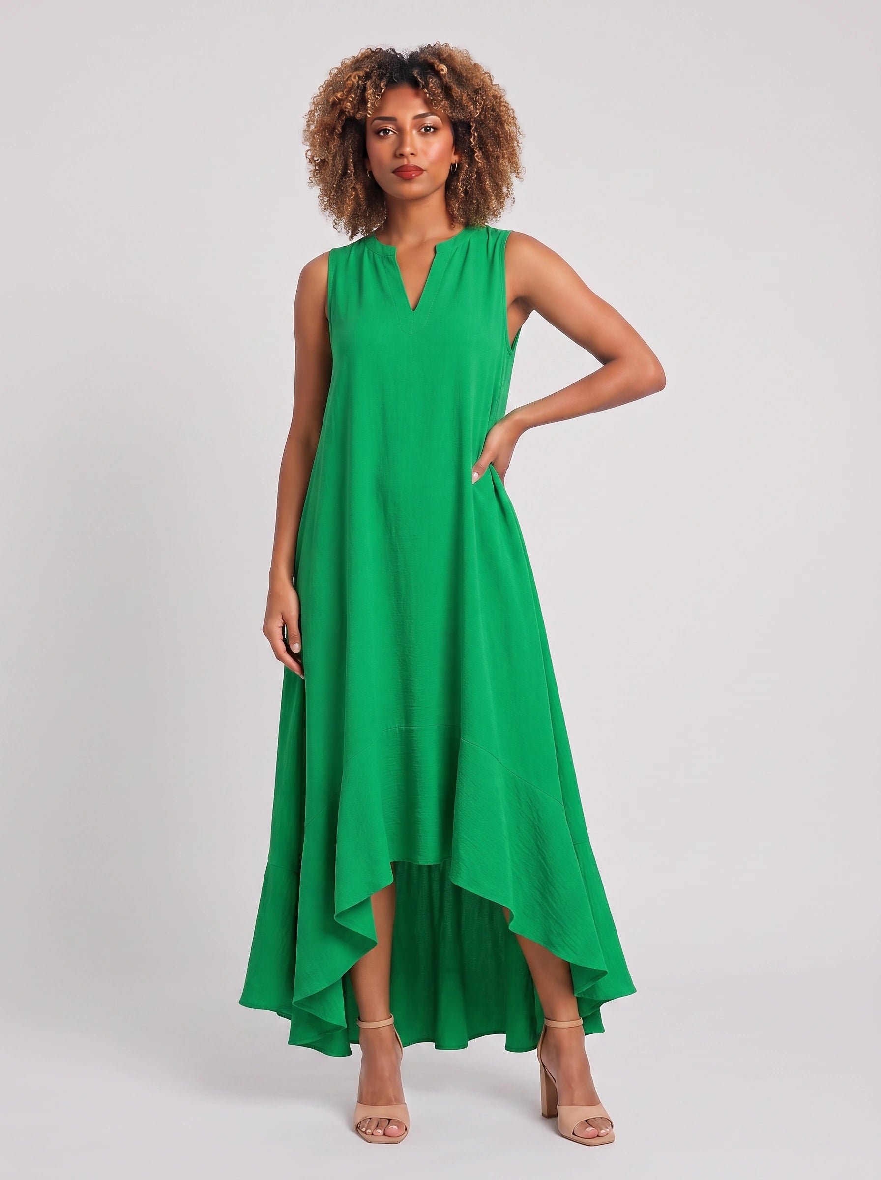 Cascara Asymmetric High-Low Maxi Dress – Women Sleeveless V-Neck Formal Wedding Guest Cocktail Maxi Dress