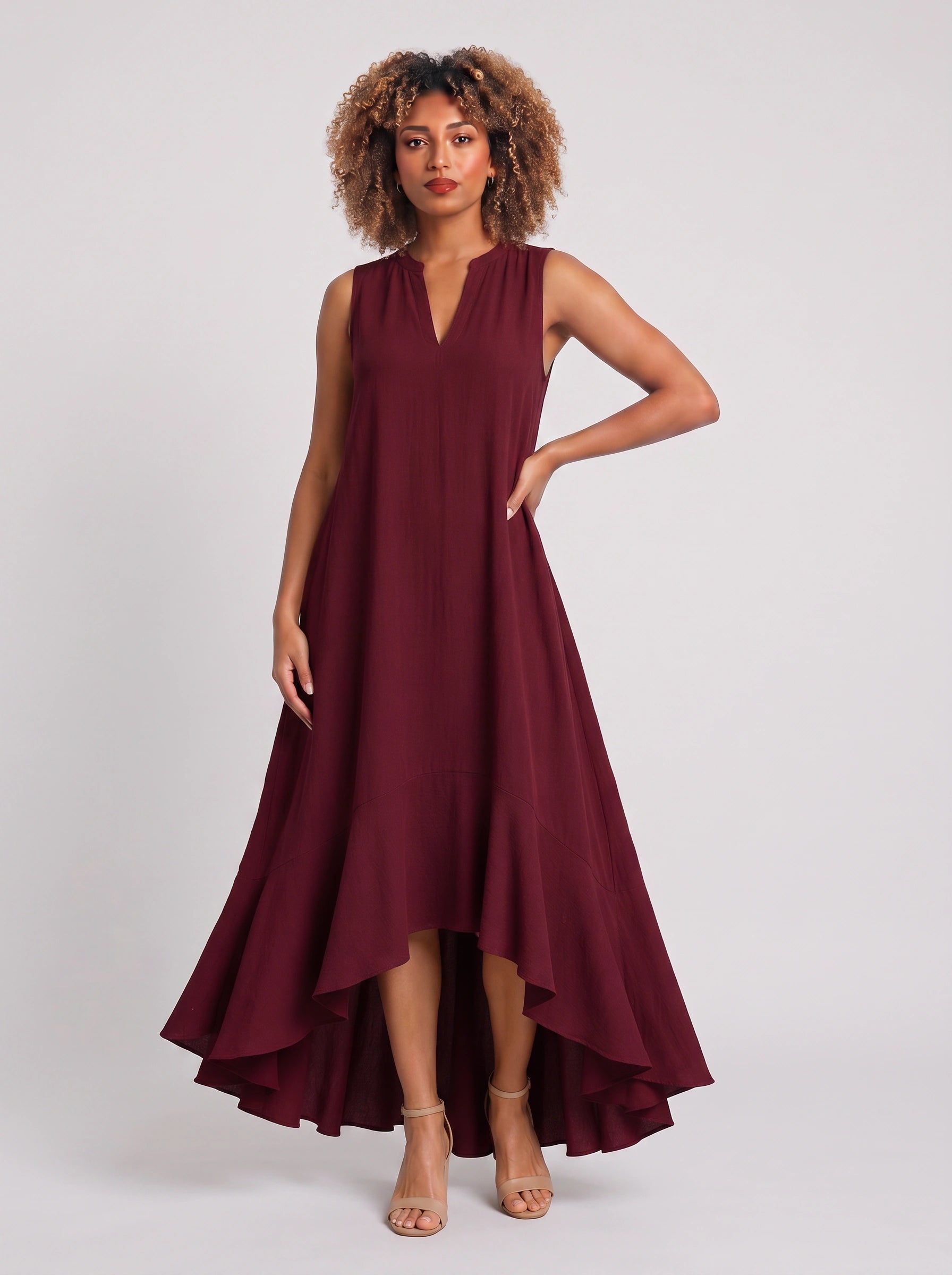 Cascara Asymmetric High-Low Maxi Dress – Women Sleeveless V-Neck Formal Wedding Guest Cocktail Maxi Dress
