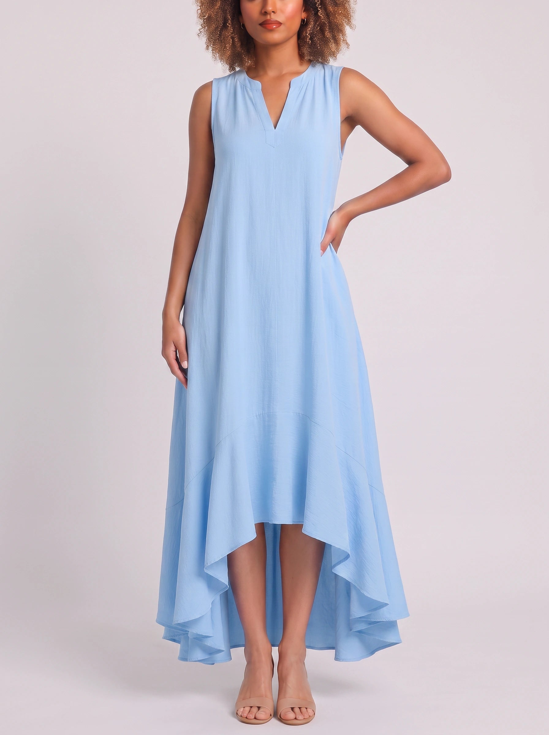 Cascara Asymmetric High-Low Maxi Dress – Women Sleeveless V-Neck Formal Wedding Guest Cocktail Maxi Dress