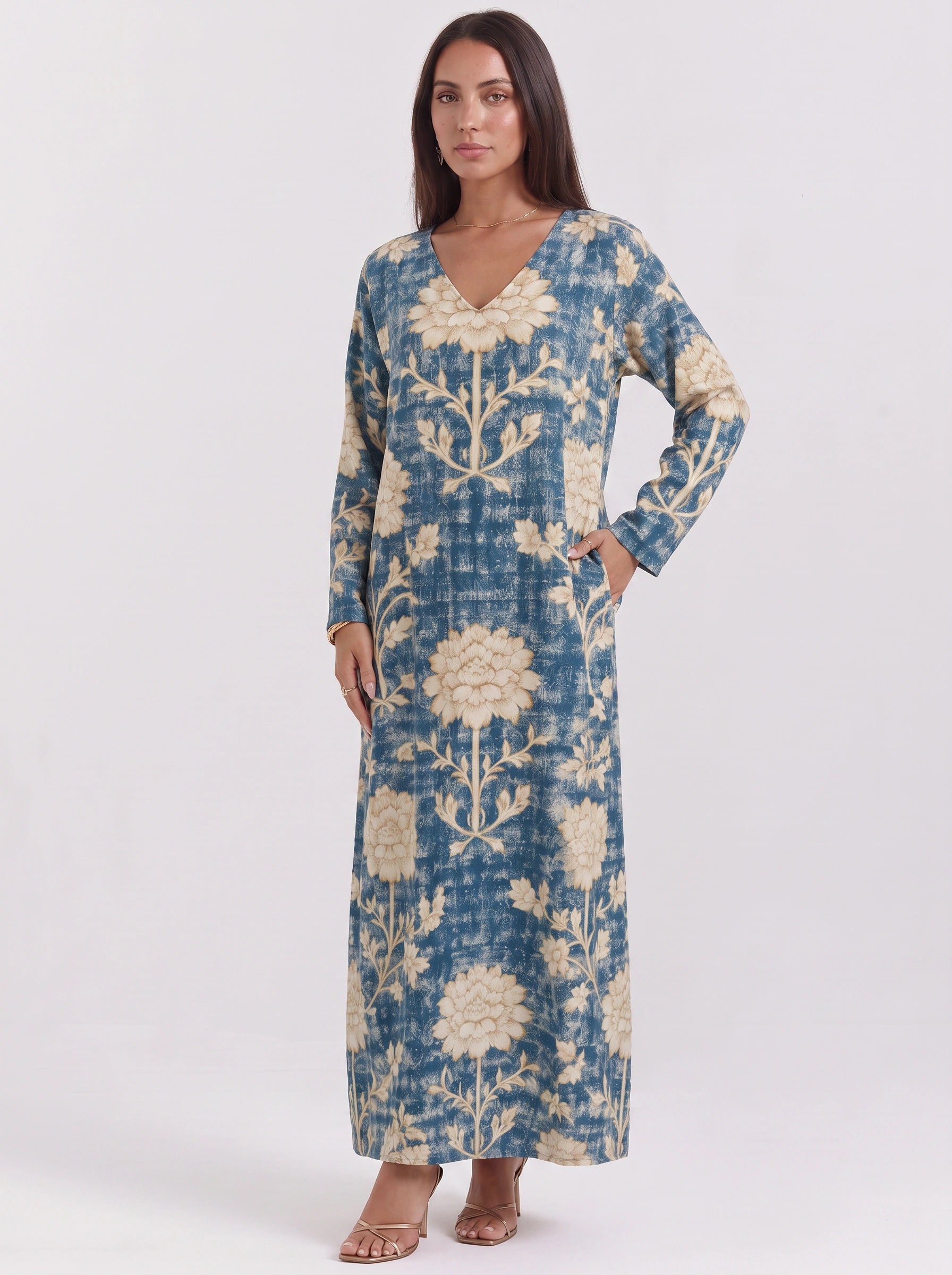 Floresse Textured V-Neck Maxi Dress – Casual Maxi Dresses Women Pockets Long Sleeve Relaxed Lounge Dress