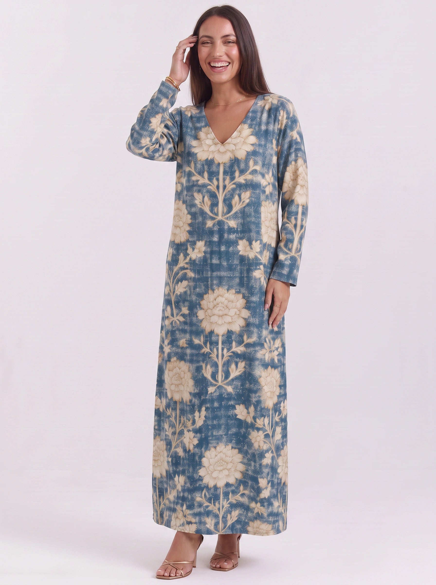Floresse Textured V-Neck Maxi Dress – Casual Maxi Dresses Women Pockets Long Sleeve Relaxed Lounge Dress