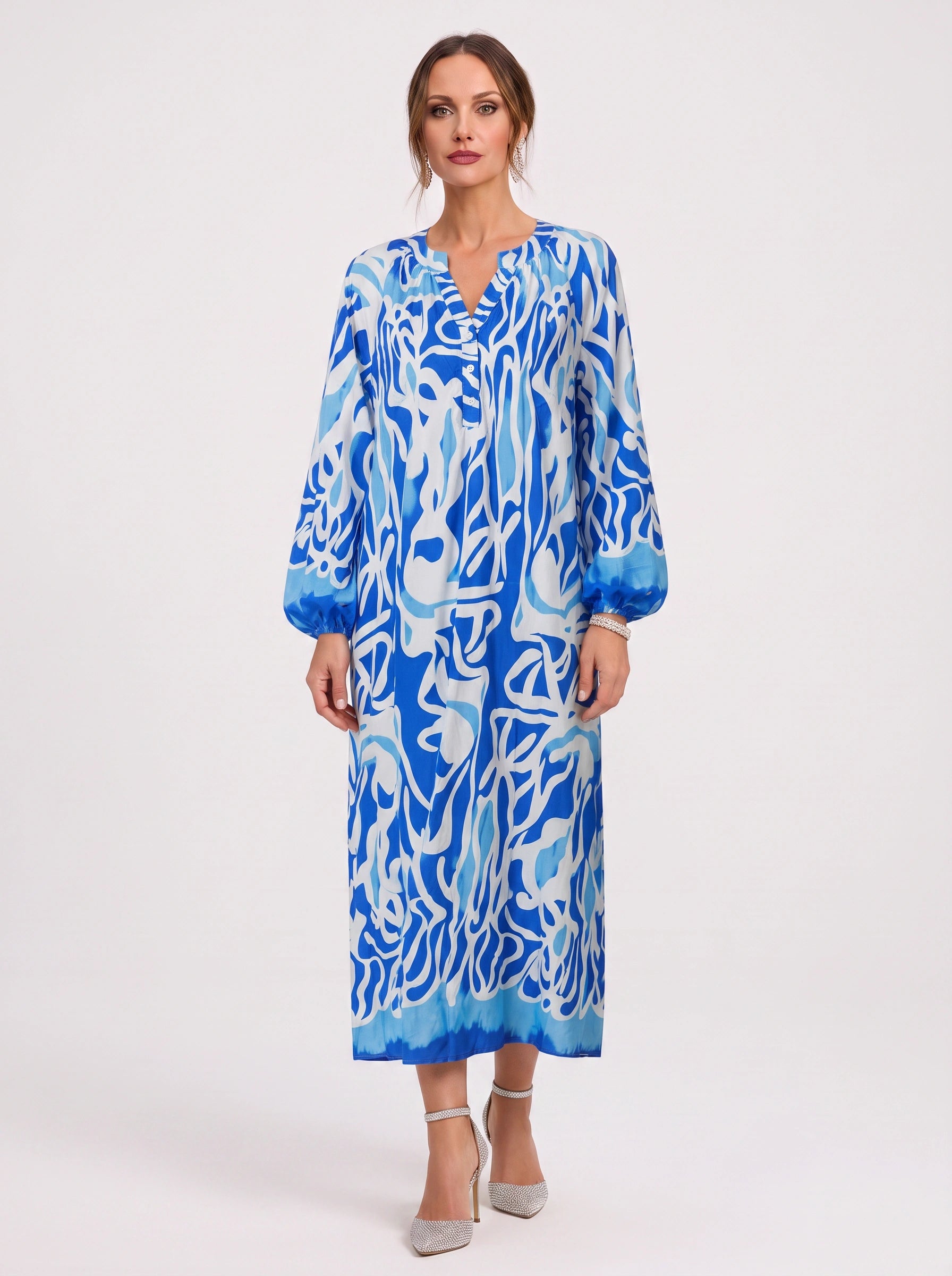 Ondria Balloon Sleeve V-Neck Maxi Dress – Boho Maxi Dress Women Bohemian Style Resort Vacation Kaftan