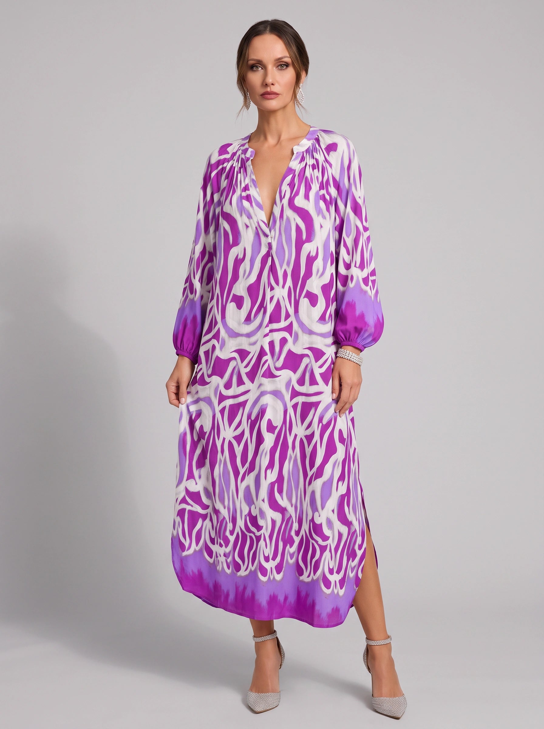 Ondria Balloon Sleeve V-Neck Maxi Dress – Boho Maxi Dress Women Bohemian Style Resort Vacation Kaftan