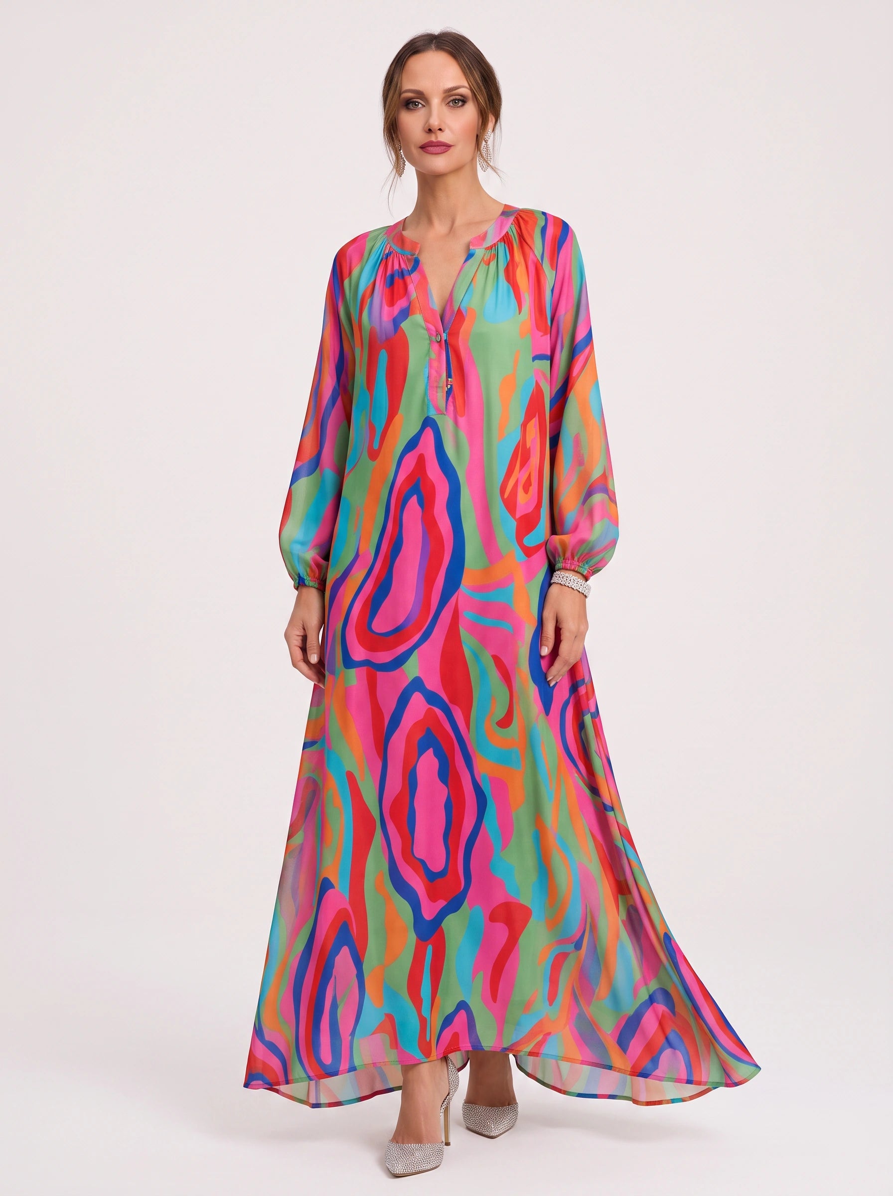 Ondria Balloon Sleeve V-Neck Maxi Dress – Boho Maxi Dress Women Bohemian Style Resort Vacation Kaftan