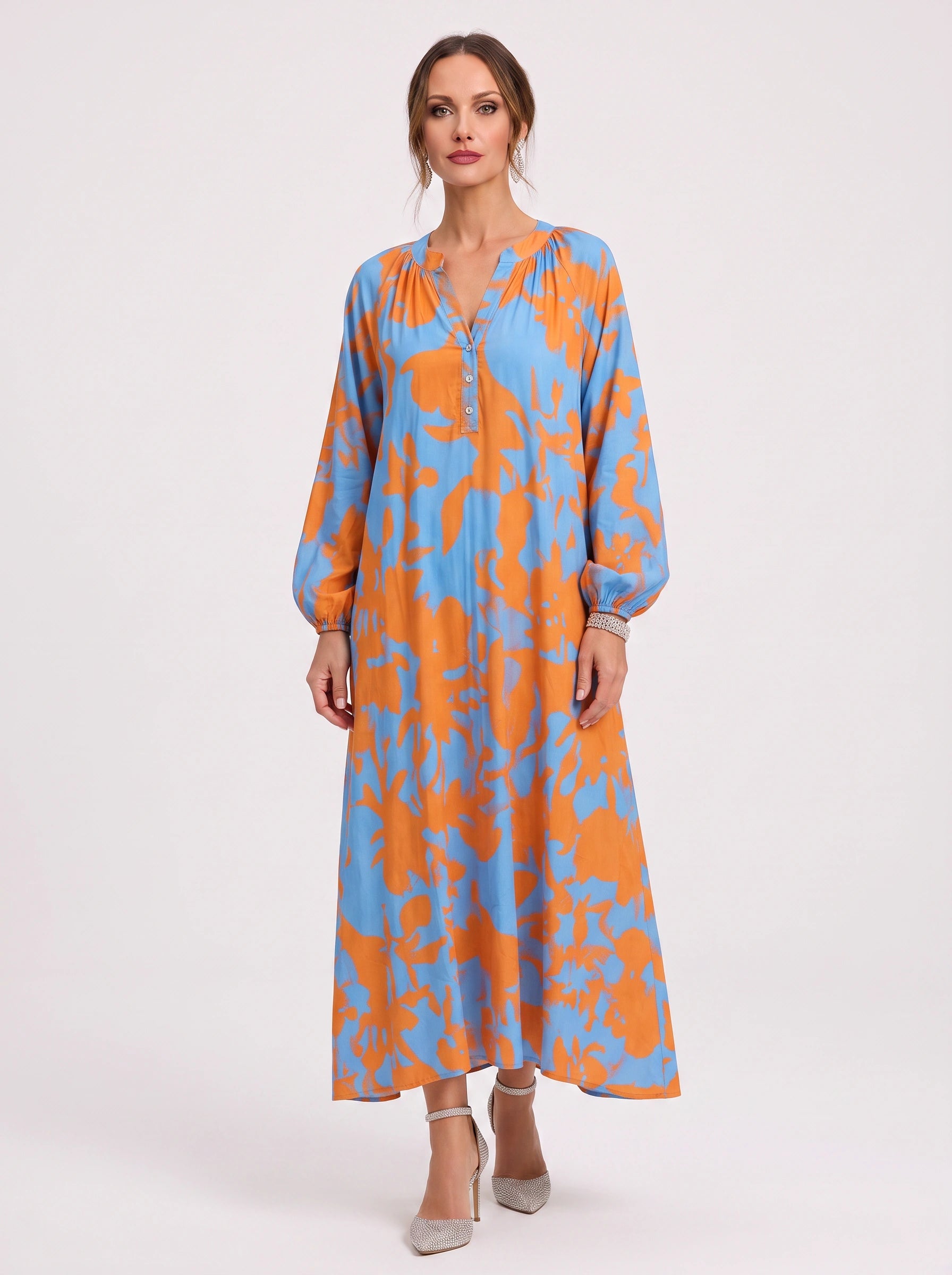 Ondria Balloon Sleeve V-Neck Maxi Dress – Boho Maxi Dress Women Bohemian Style Resort Vacation Kaftan