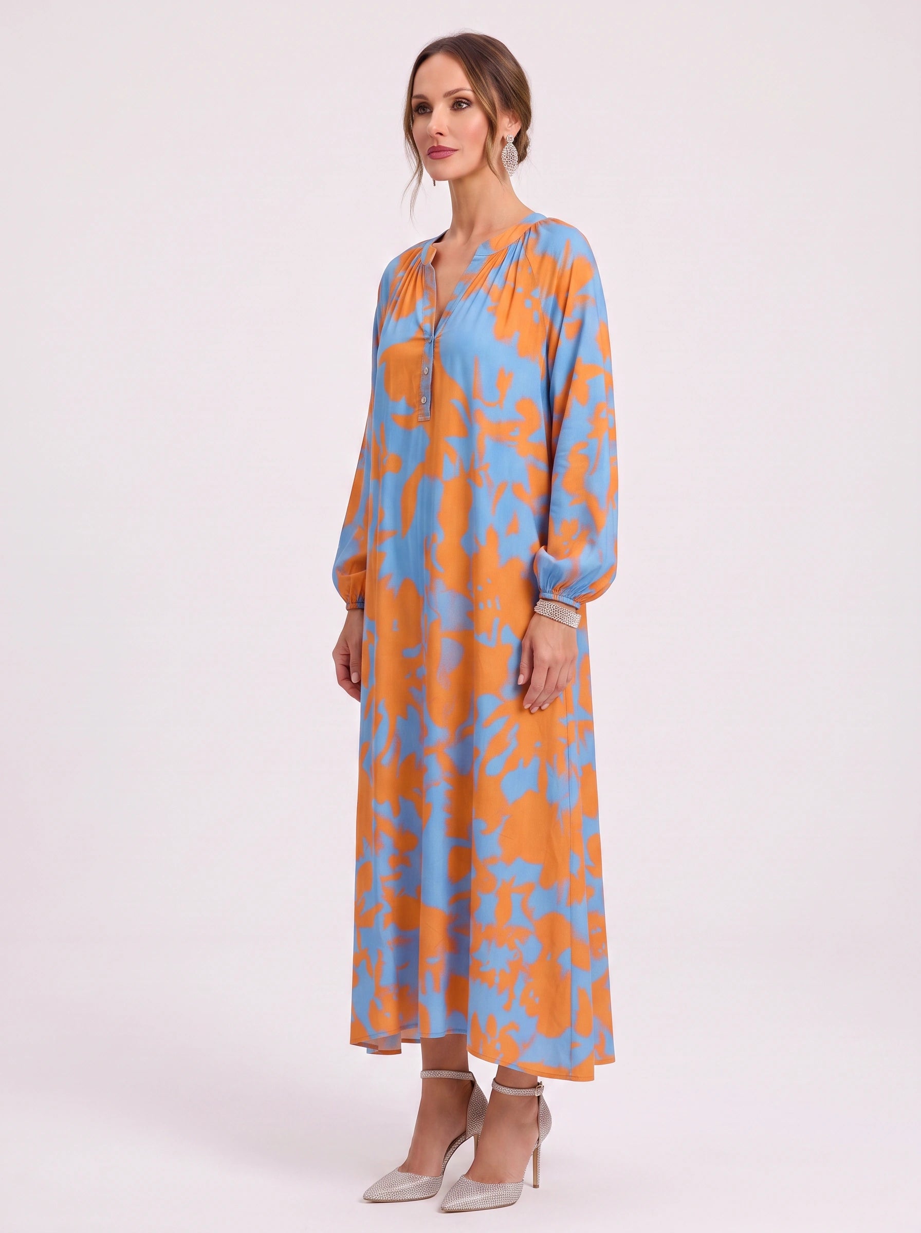 Ondria Balloon Sleeve V-Neck Maxi Dress – Boho Maxi Dress Women Bohemian Style Resort Vacation Kaftan
