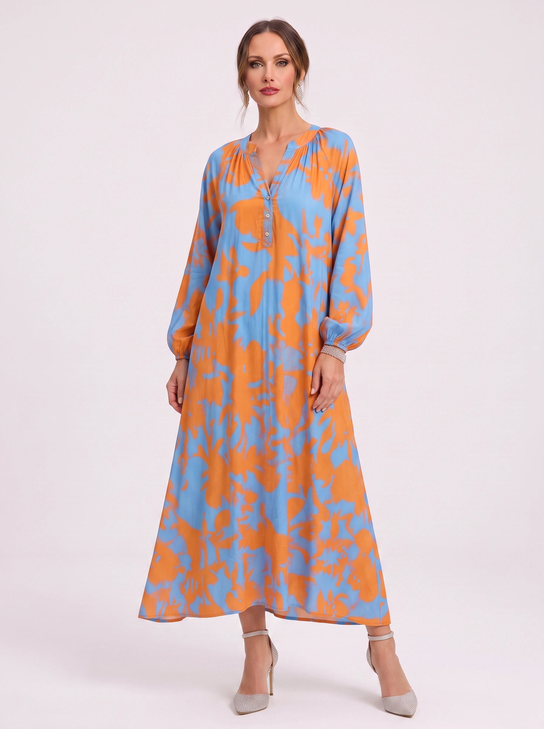 Ondria Balloon Sleeve V-Neck Maxi Dress – Boho Maxi Dress Women Bohemian Style Resort Vacation Kaftan