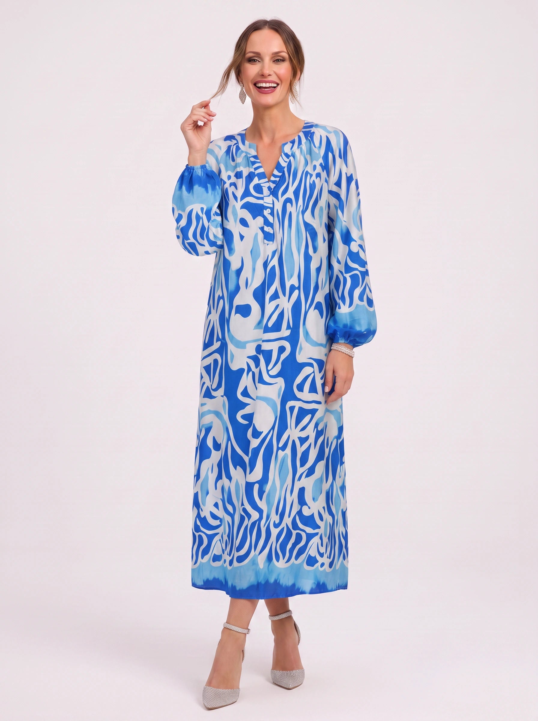 Ondria Balloon Sleeve V-Neck Maxi Dress – Boho Maxi Dress Women Bohemian Style Resort Vacation Kaftan