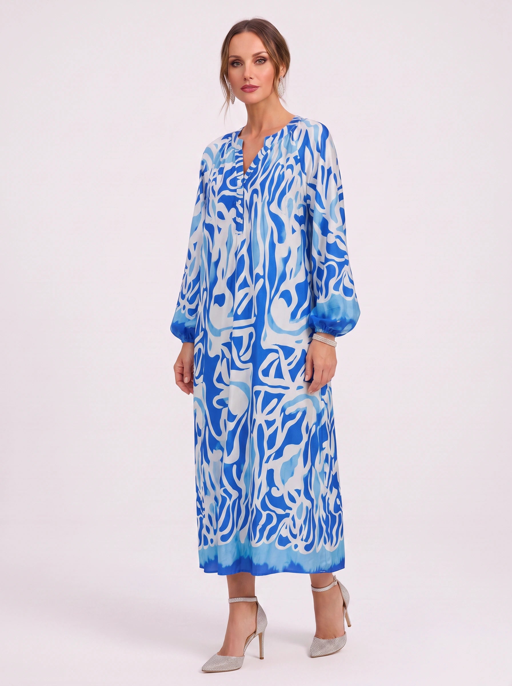 Ondria Balloon Sleeve V-Neck Maxi Dress – Boho Maxi Dress Women Bohemian Style Resort Vacation Kaftan
