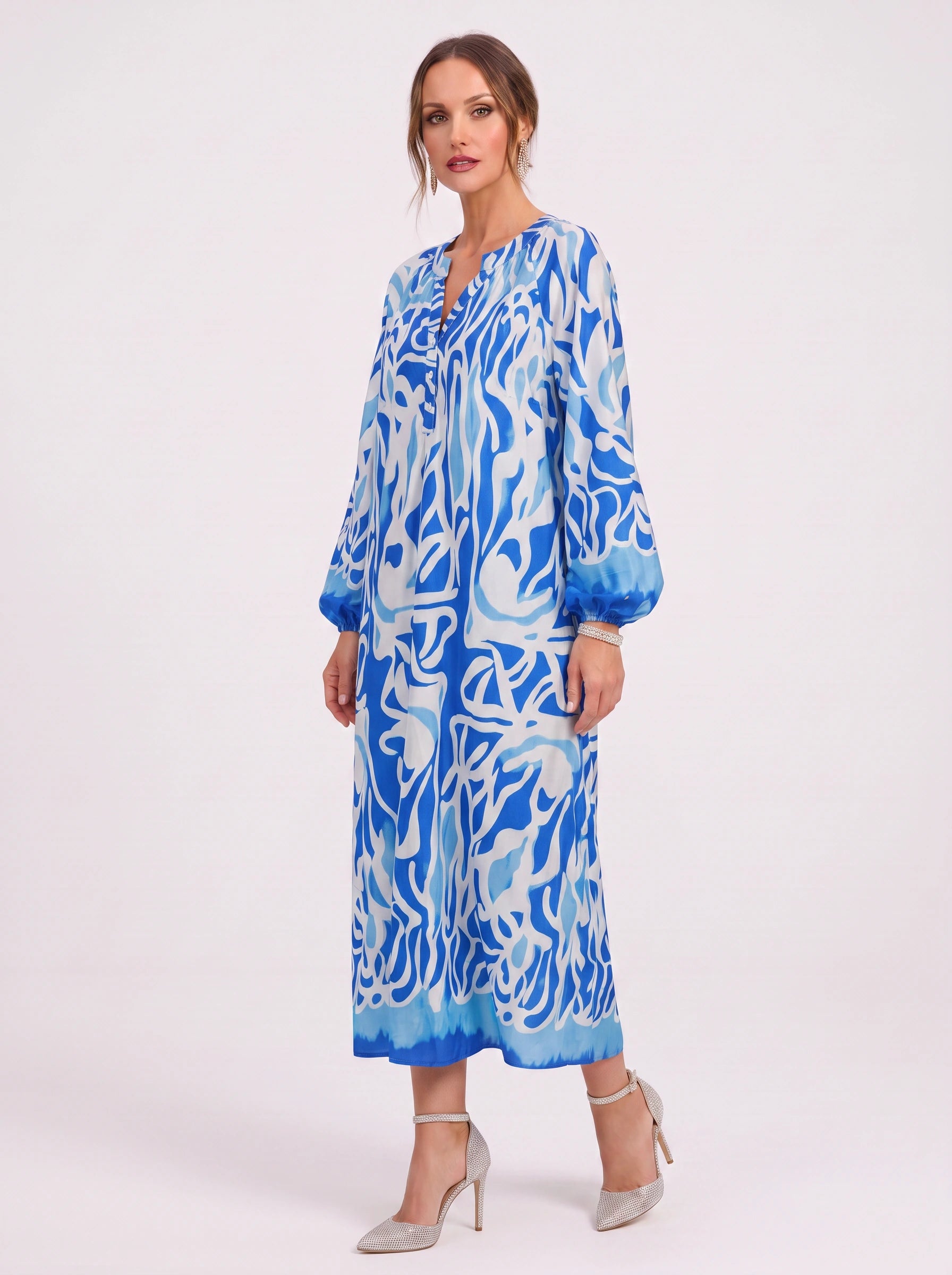 Ondria Balloon Sleeve V-Neck Maxi Dress – Boho Maxi Dress Women Bohemian Style Resort Vacation Kaftan