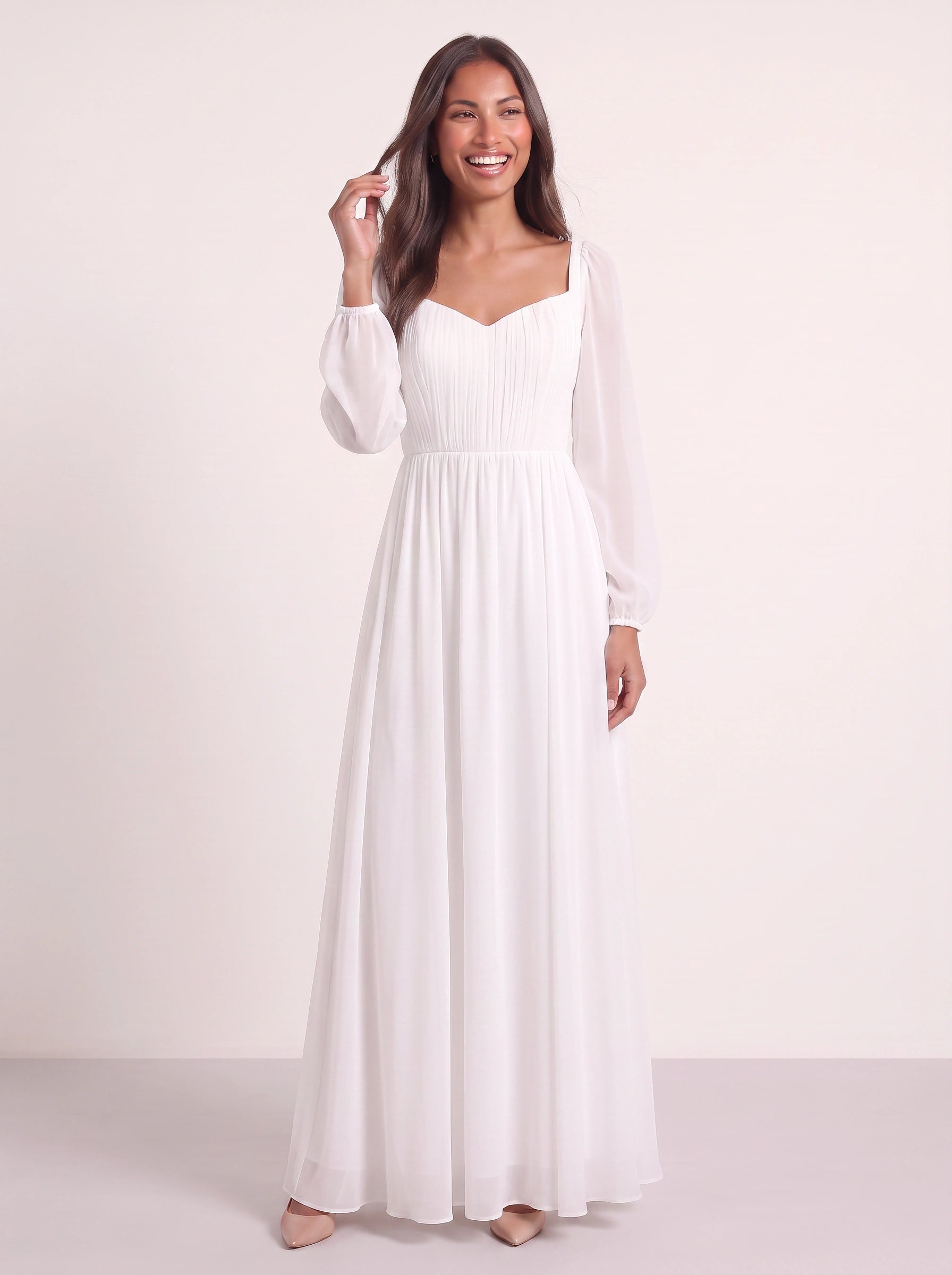 Sofiane Sweetheart Maxi Dress – Chiffon Long Sleeve Wedding Guest Formal Mother Bride Groom Maxi Dress Women