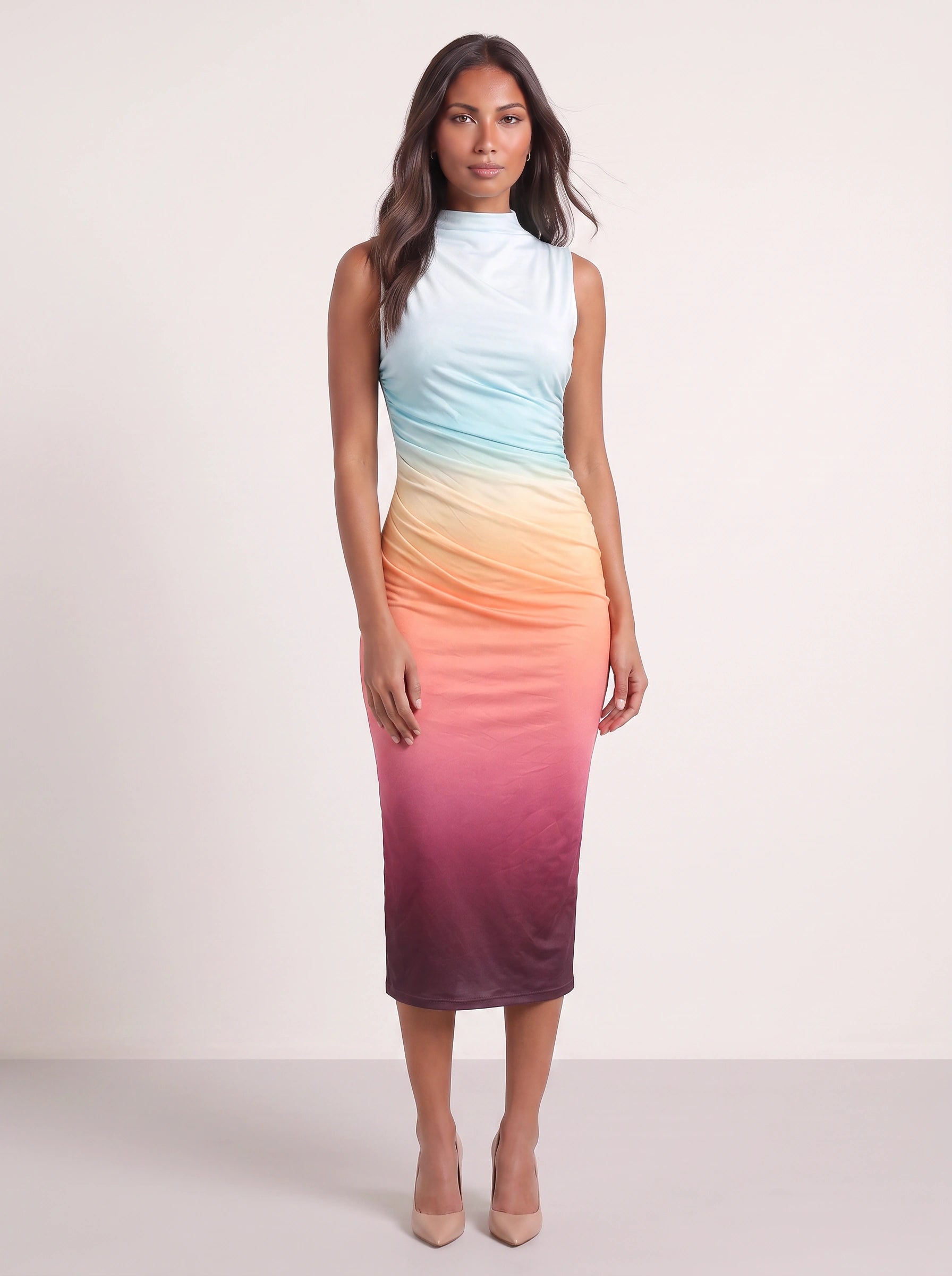 Gradara Ruched Bodycon Midi Dress – Ombre Sunset Sleeveless Midi Dress Women Formal Evening Party Fitted Bodycon Dress