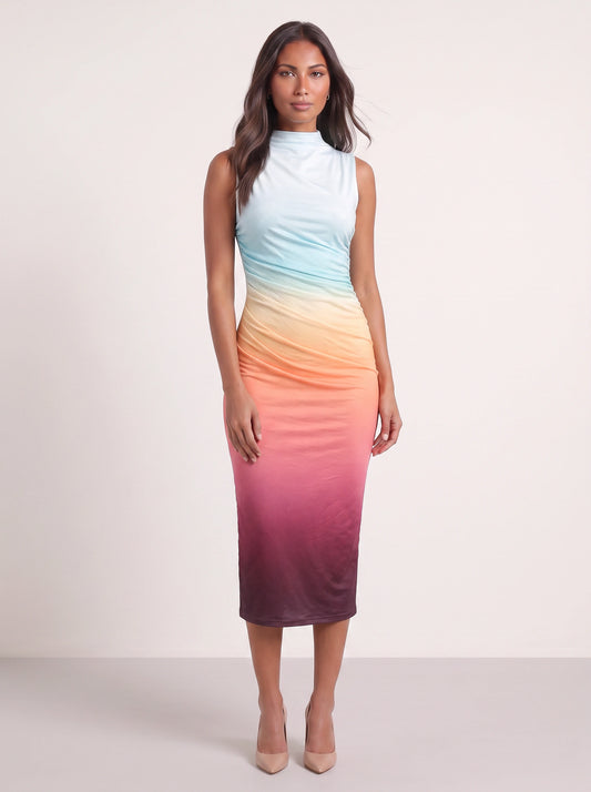 Gradara Ruched Bodycon Midi Dress – Ombre Sunset Sleeveless Midi Dress Women Formal Evening Party Fitted Bodycon Dress