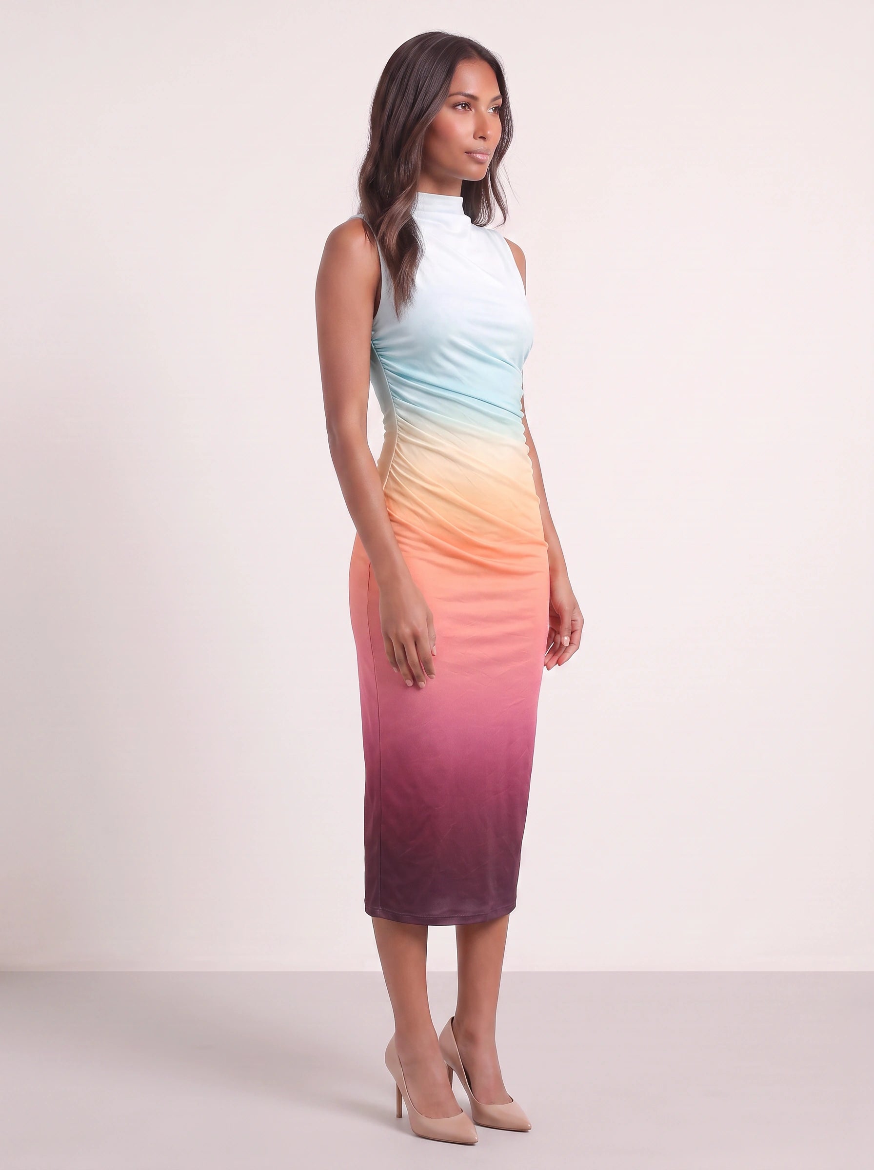 Gradara Ruched Bodycon Midi Dress – Ombre Sunset Sleeveless Midi Dress Women Formal Evening Party Fitted Bodycon Dress