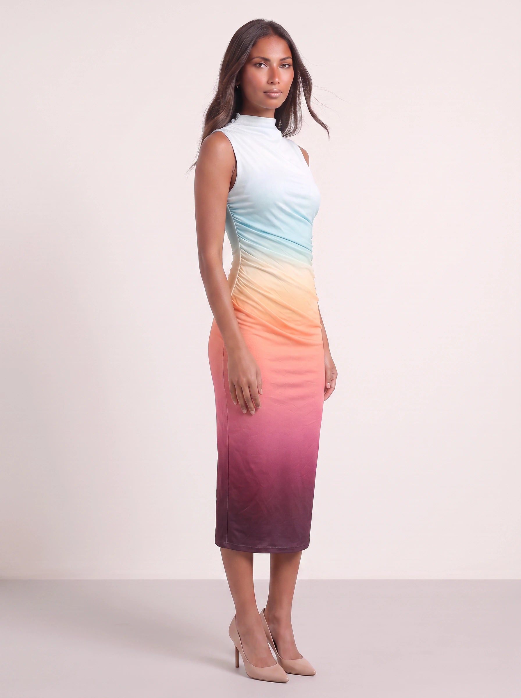 Gradara Ruched Bodycon Midi Dress – Ombre Sunset Sleeveless Midi Dress Women Formal Evening Party Fitted Bodycon Dress