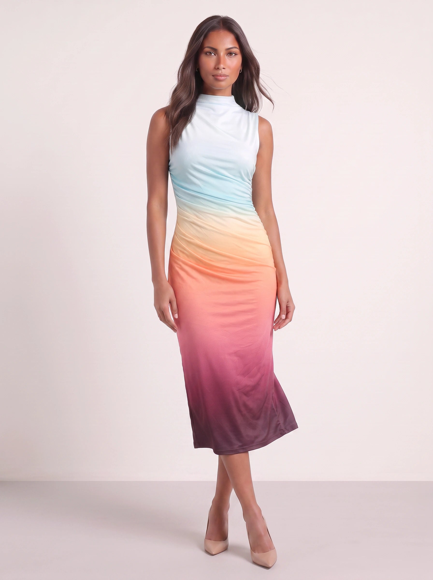 Gradara Ruched Bodycon Midi Dress – Ombre Sunset Sleeveless Midi Dress Women Formal Evening Party Fitted Bodycon Dress