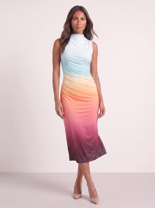 Gradara Ruched Bodycon Midi Dress – Ombre Sunset Sleeveless Midi Dress Women Formal Evening Party Fitted Bodycon Dress