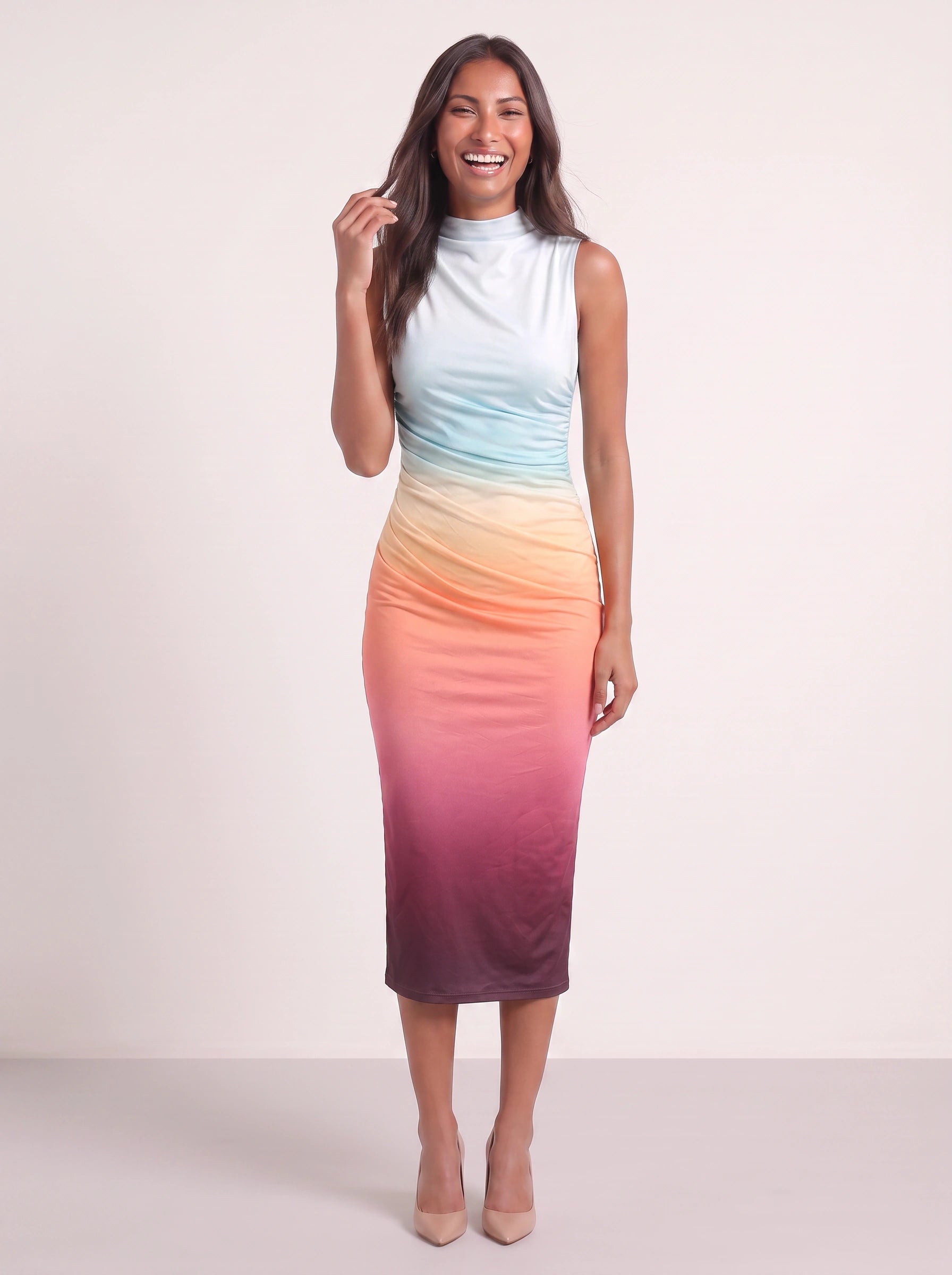 Gradara Ruched Bodycon Midi Dress – Ombre Sunset Sleeveless Midi Dress Women Formal Evening Party Fitted Bodycon Dress