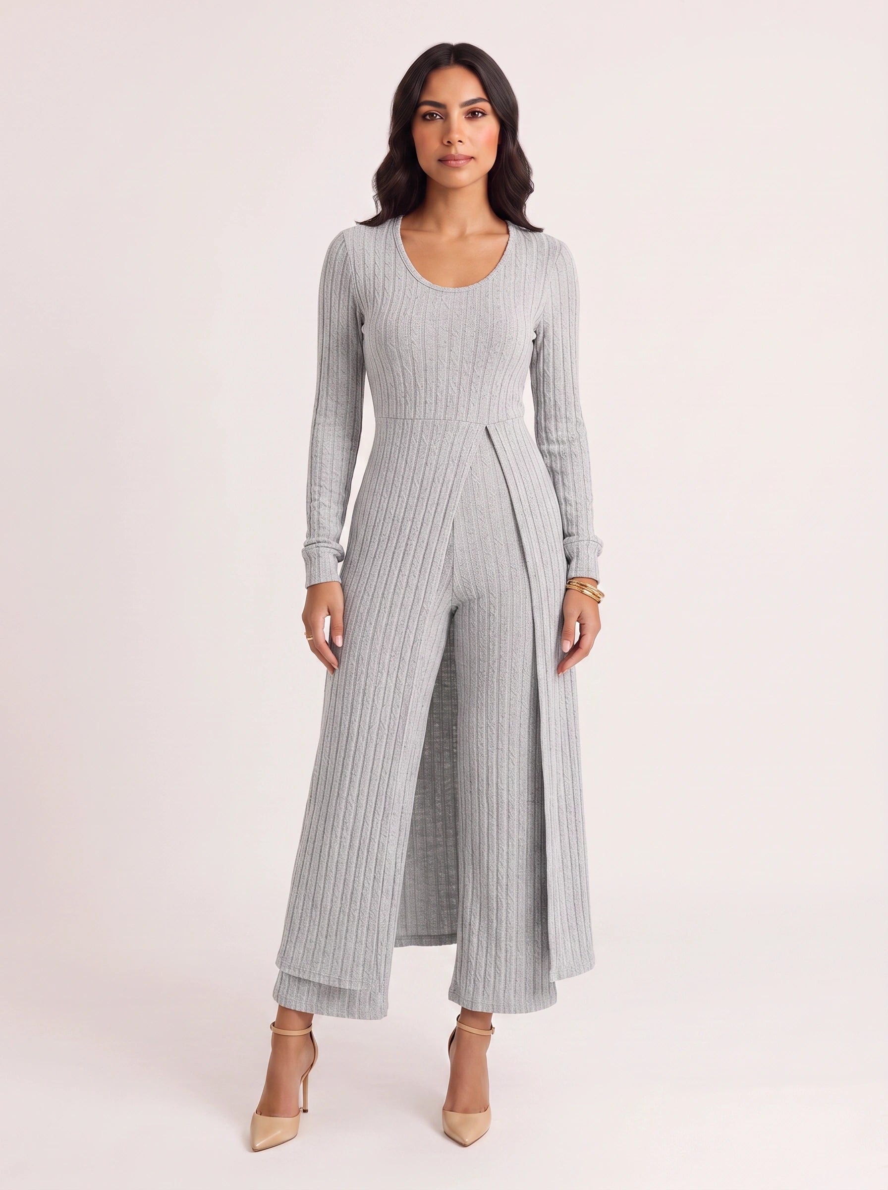 Costella Ribbed Longline Lounge Set – Women Two Piece Loungewear Soft Knit Wide Leg Pants Duster Cardigan Co-Ord