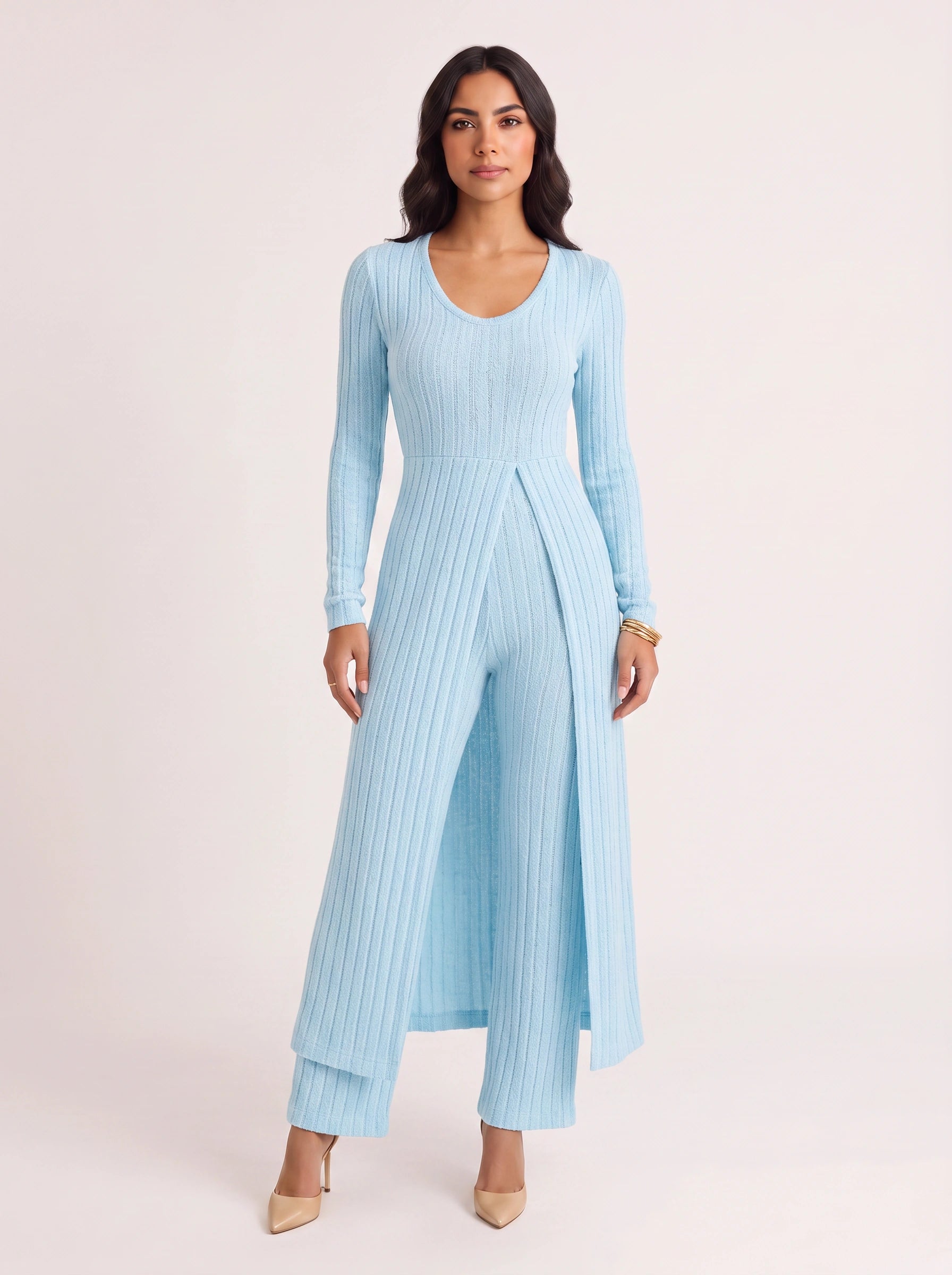 Costella Ribbed Longline Lounge Set – Women Two Piece Loungewear Soft Knit Wide Leg Pants Duster Cardigan Co-Ord
