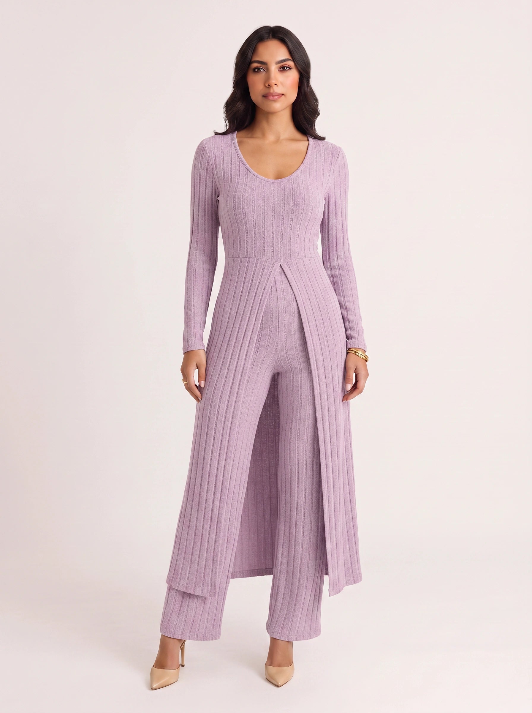 Costella Ribbed Longline Lounge Set – Women Two Piece Loungewear Soft Knit Wide Leg Pants Duster Cardigan Co-Ord