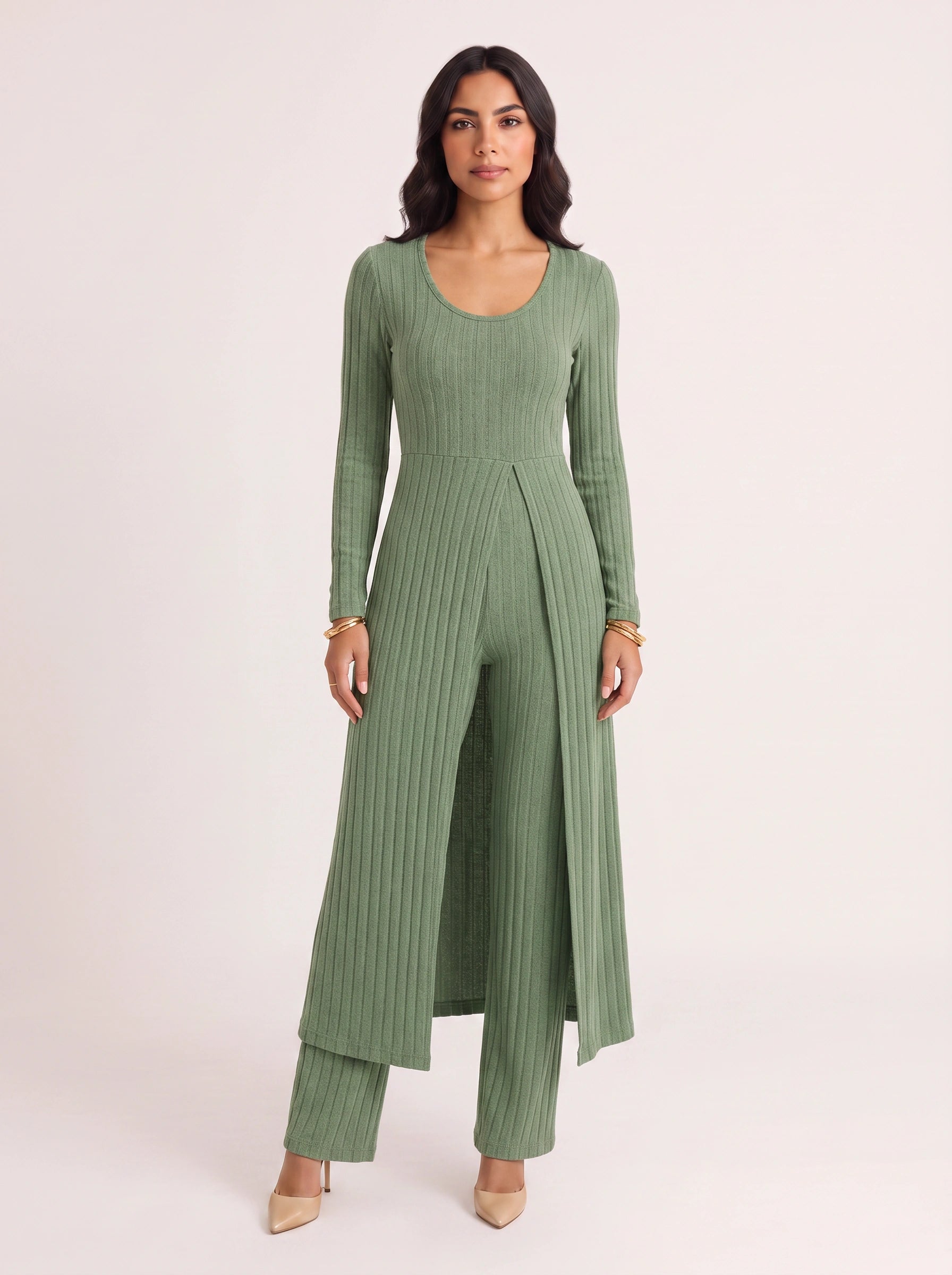 Costella Ribbed Longline Lounge Set – Women Two Piece Loungewear Soft Knit Wide Leg Pants Duster Cardigan Co-Ord