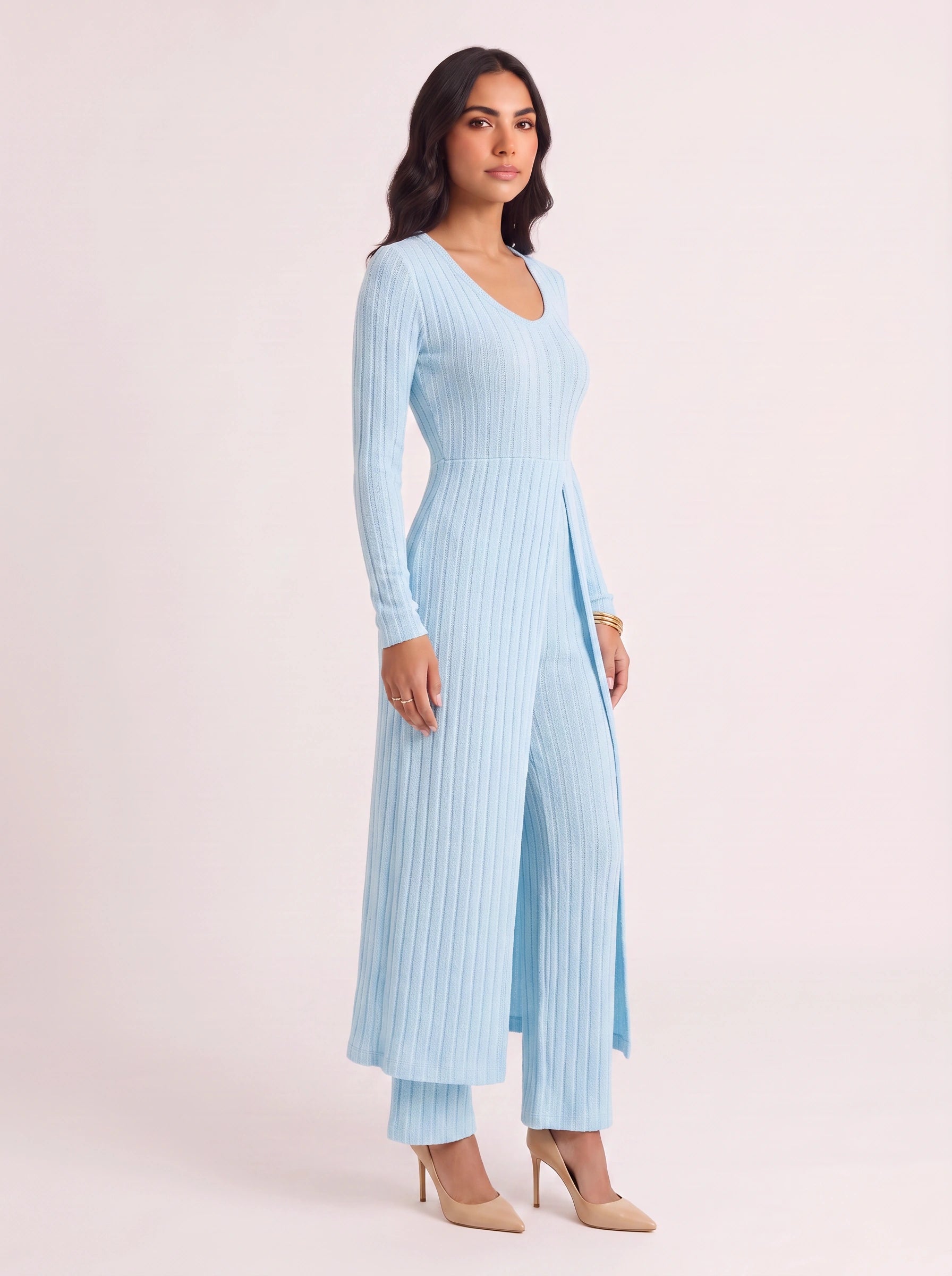 Costella Ribbed Longline Lounge Set – Women Two Piece Loungewear Soft Knit Wide Leg Pants Duster Cardigan Co-Ord