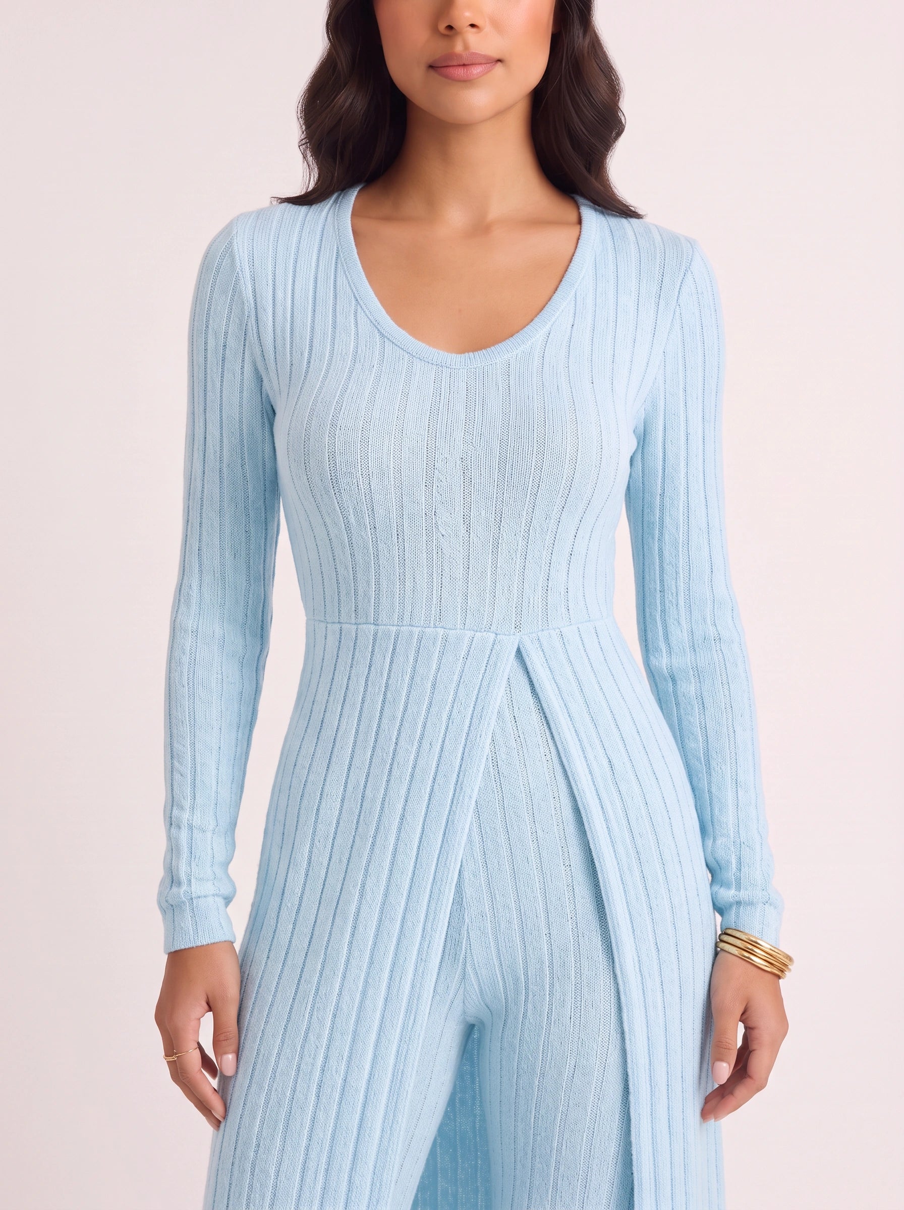 Costella Ribbed Longline Lounge Set – Women Two Piece Loungewear Soft Knit Wide Leg Pants Duster Cardigan Co-Ord