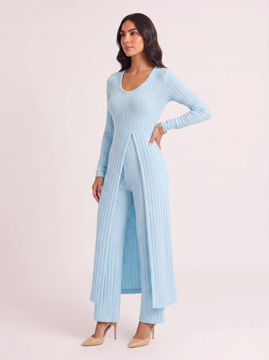Costella Ribbed Longline Lounge Set – Women Two Piece Loungewear Soft Knit Wide Leg Pants Duster Cardigan Co-Ord