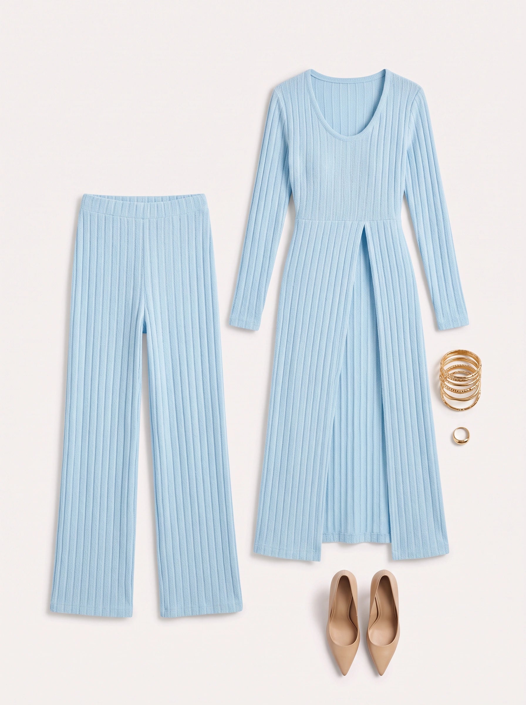 Costella Ribbed Longline Lounge Set – Women Two Piece Loungewear Soft Knit Wide Leg Pants Duster Cardigan Co-Ord