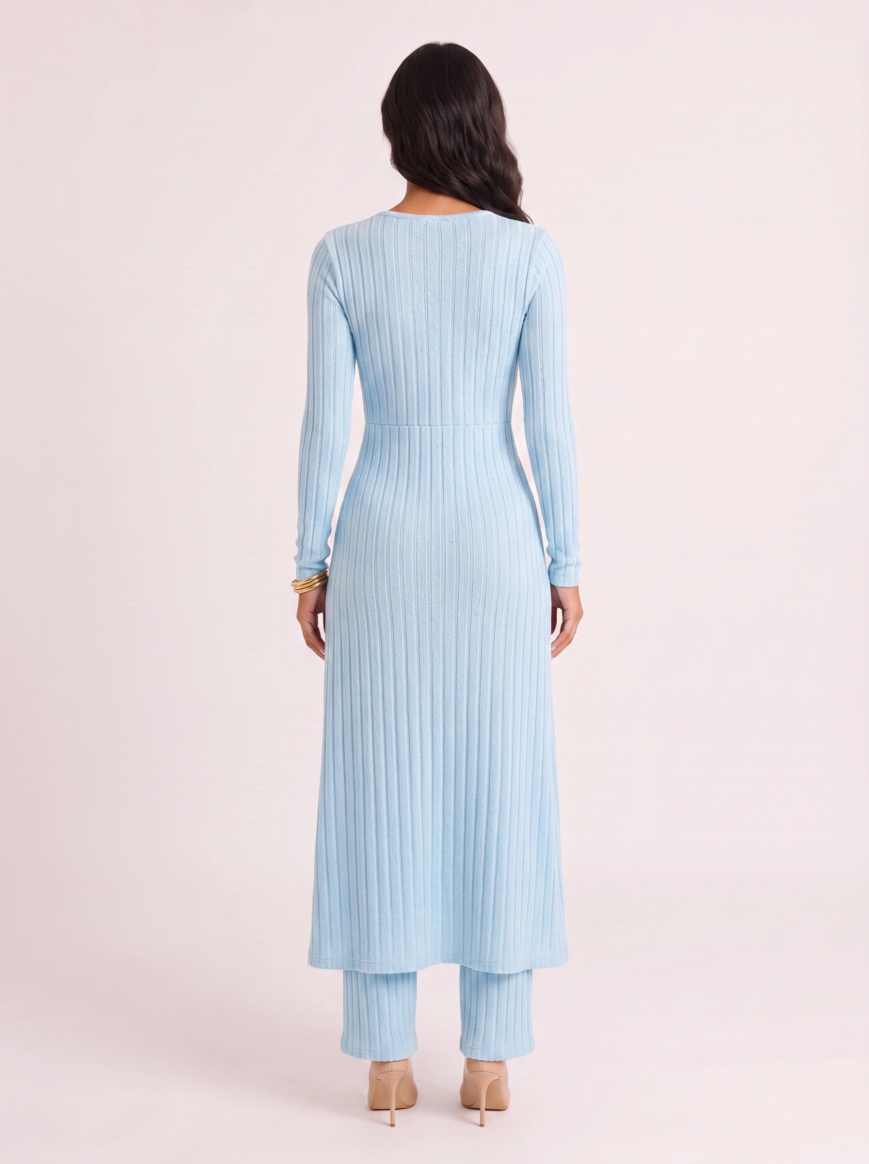 Costella Ribbed Longline Lounge Set – Women Two Piece Loungewear Soft Knit Wide Leg Pants Duster Cardigan Co-Ord