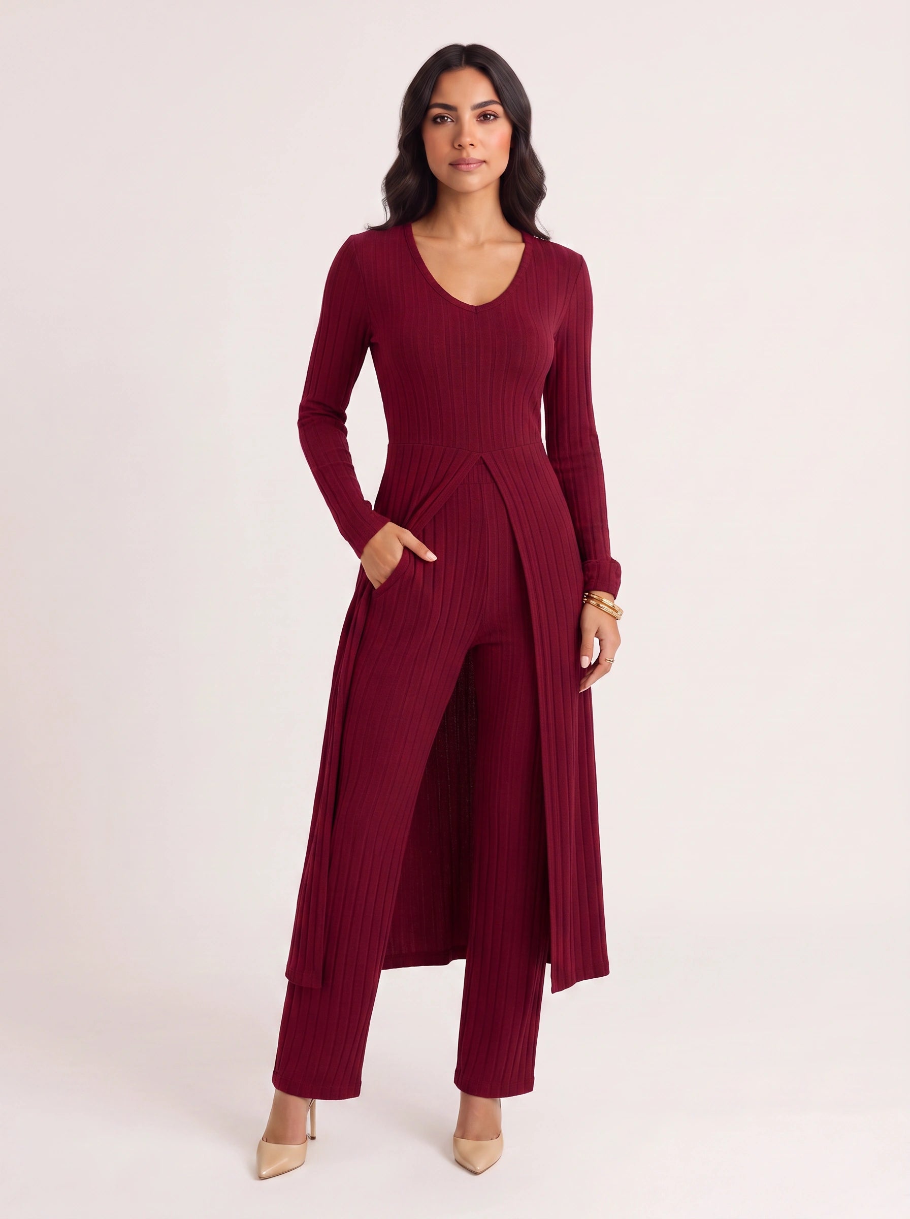 Costella Ribbed Longline Lounge Set – Women Two Piece Loungewear Soft Knit Wide Leg Pants Duster Cardigan Co-Ord