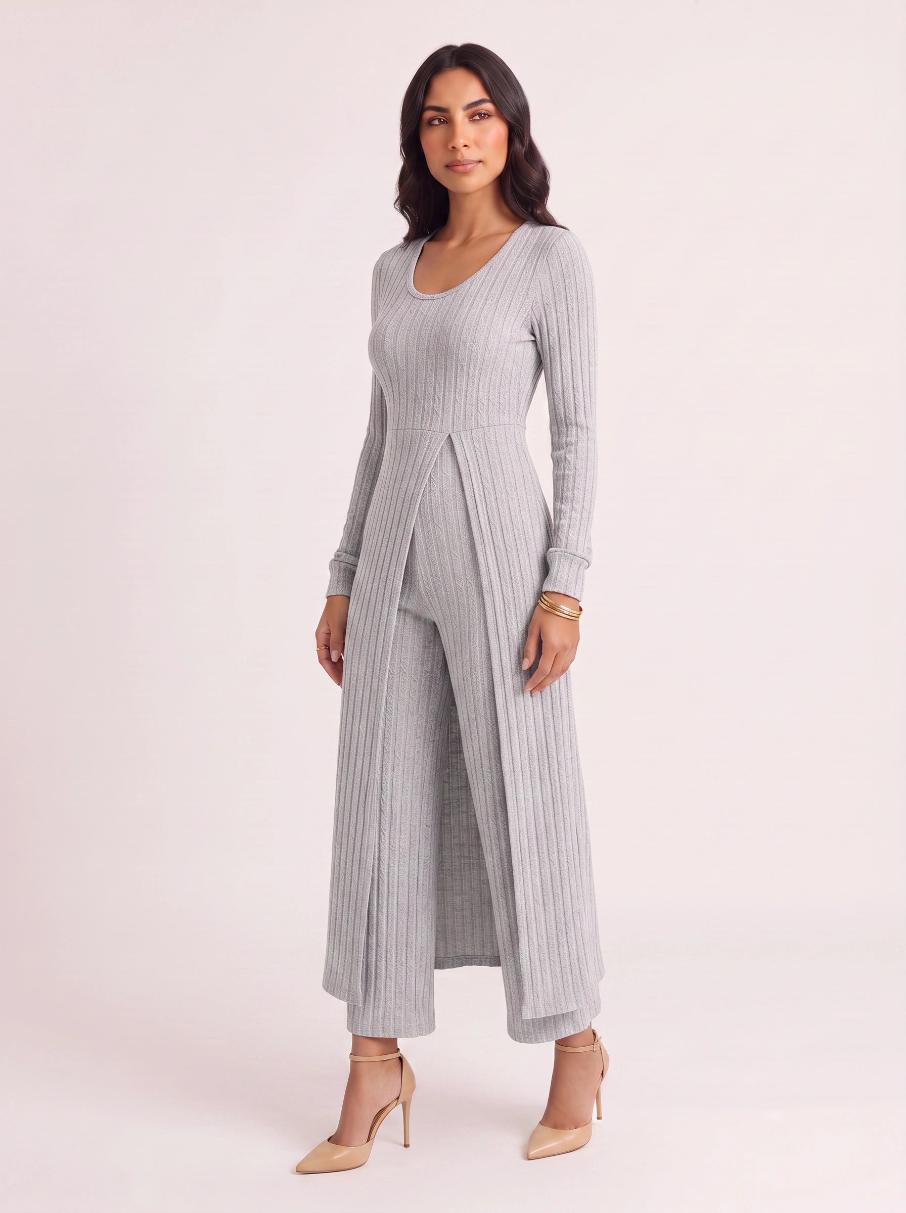 Costella Ribbed Longline Lounge Set – Women Two Piece Loungewear Soft Knit Wide Leg Pants Duster Cardigan Co-Ord