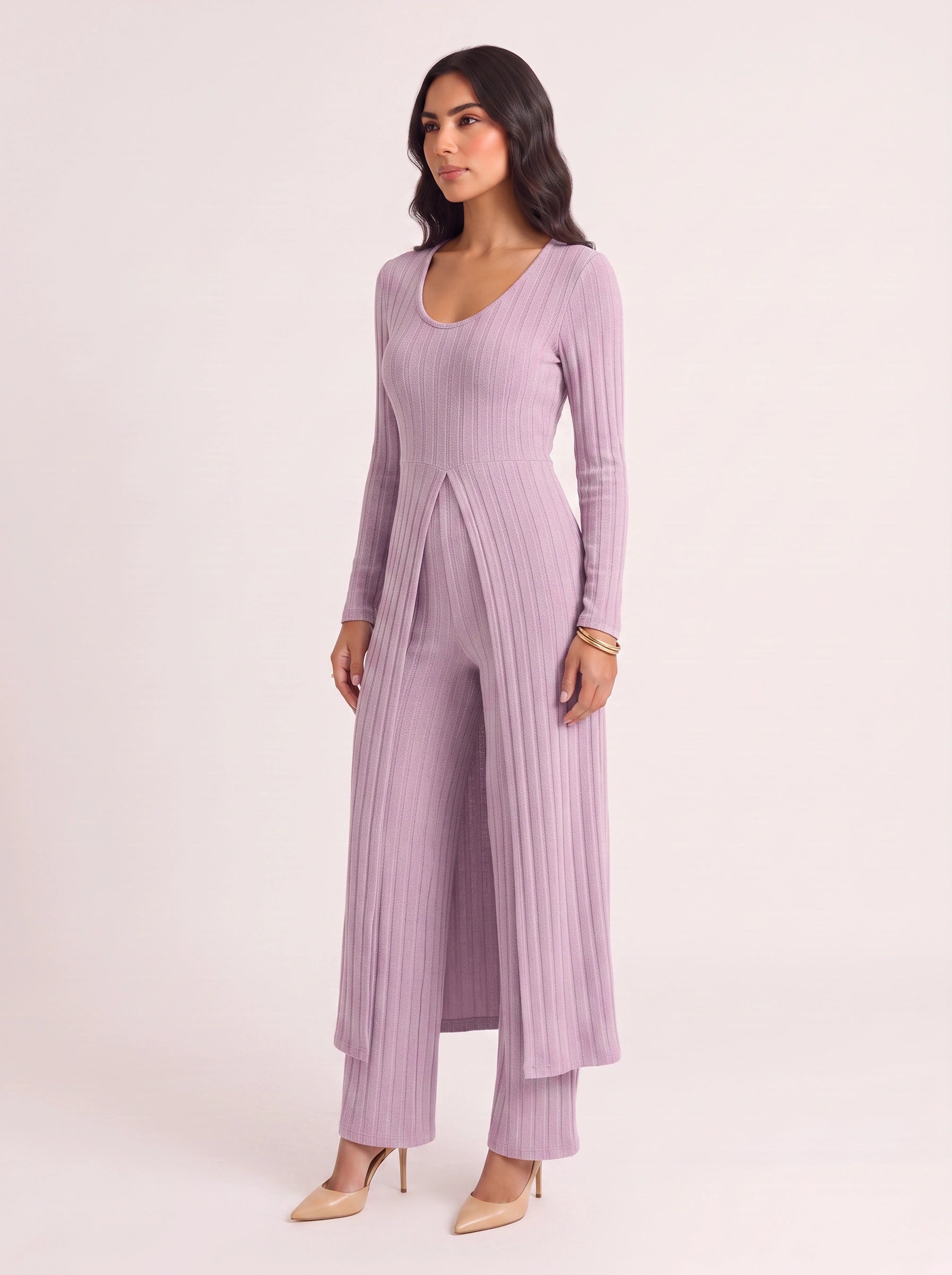 Costella Ribbed Longline Lounge Set – Women Two Piece Loungewear Soft Knit Wide Leg Pants Duster Cardigan Co-Ord