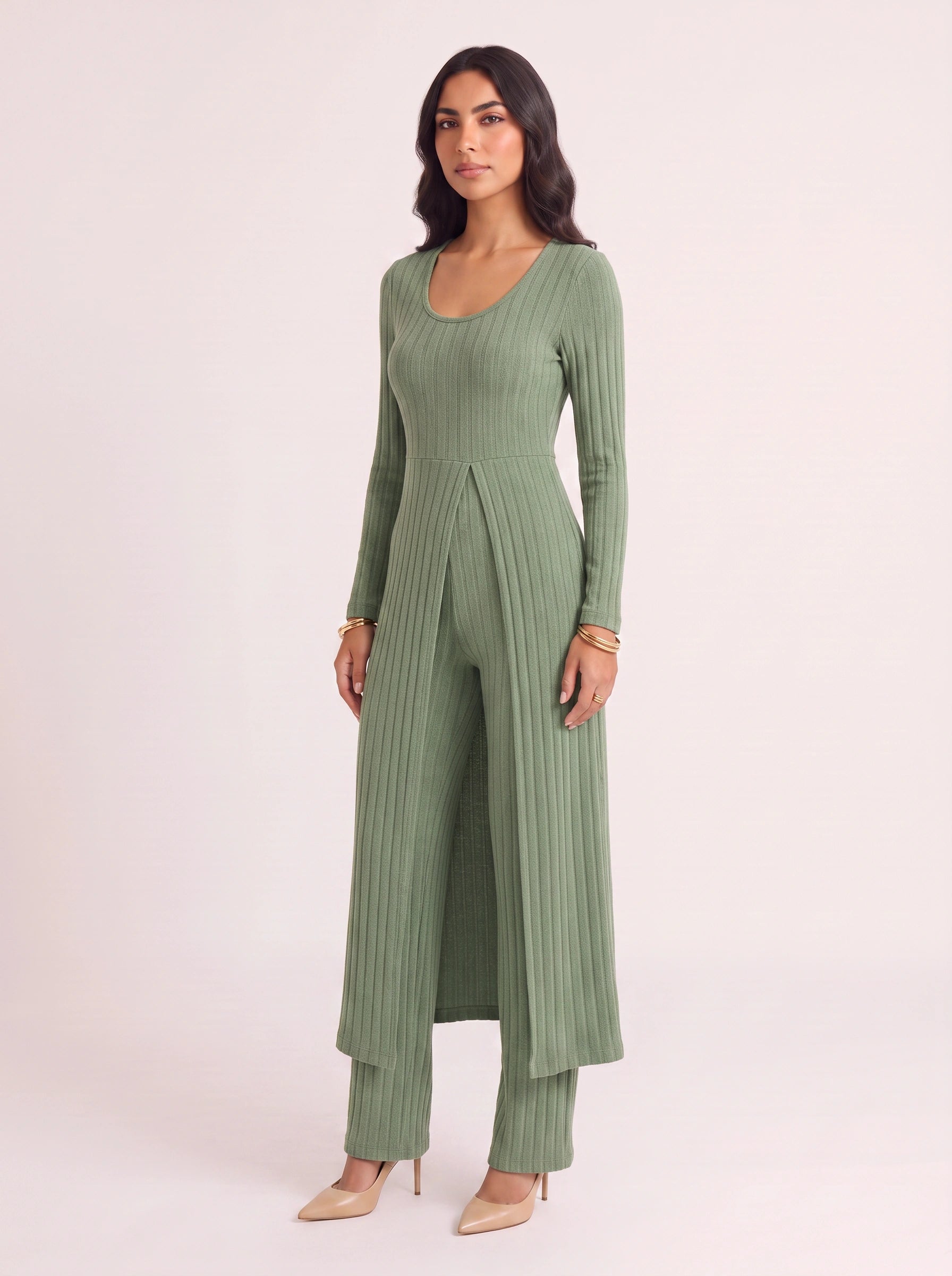 Costella Ribbed Longline Lounge Set – Women Two Piece Loungewear Soft Knit Wide Leg Pants Duster Cardigan Co-Ord