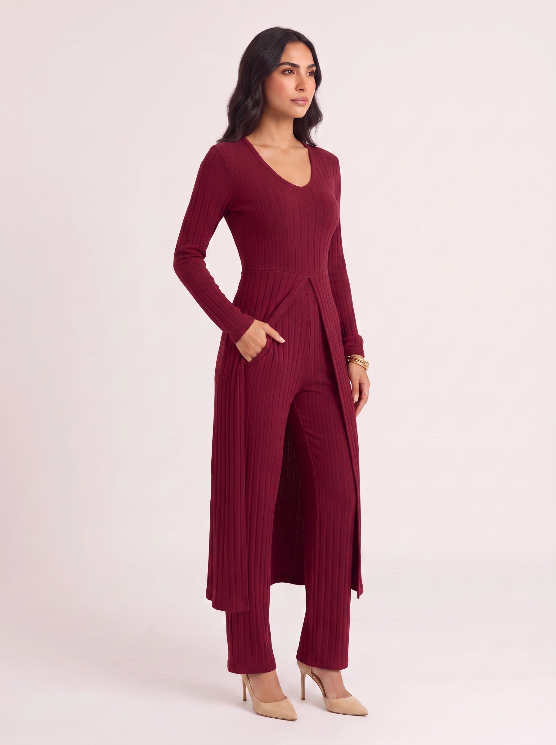 Costella Ribbed Longline Lounge Set – Women Two Piece Loungewear Soft Knit Wide Leg Pants Duster Cardigan Co-Ord