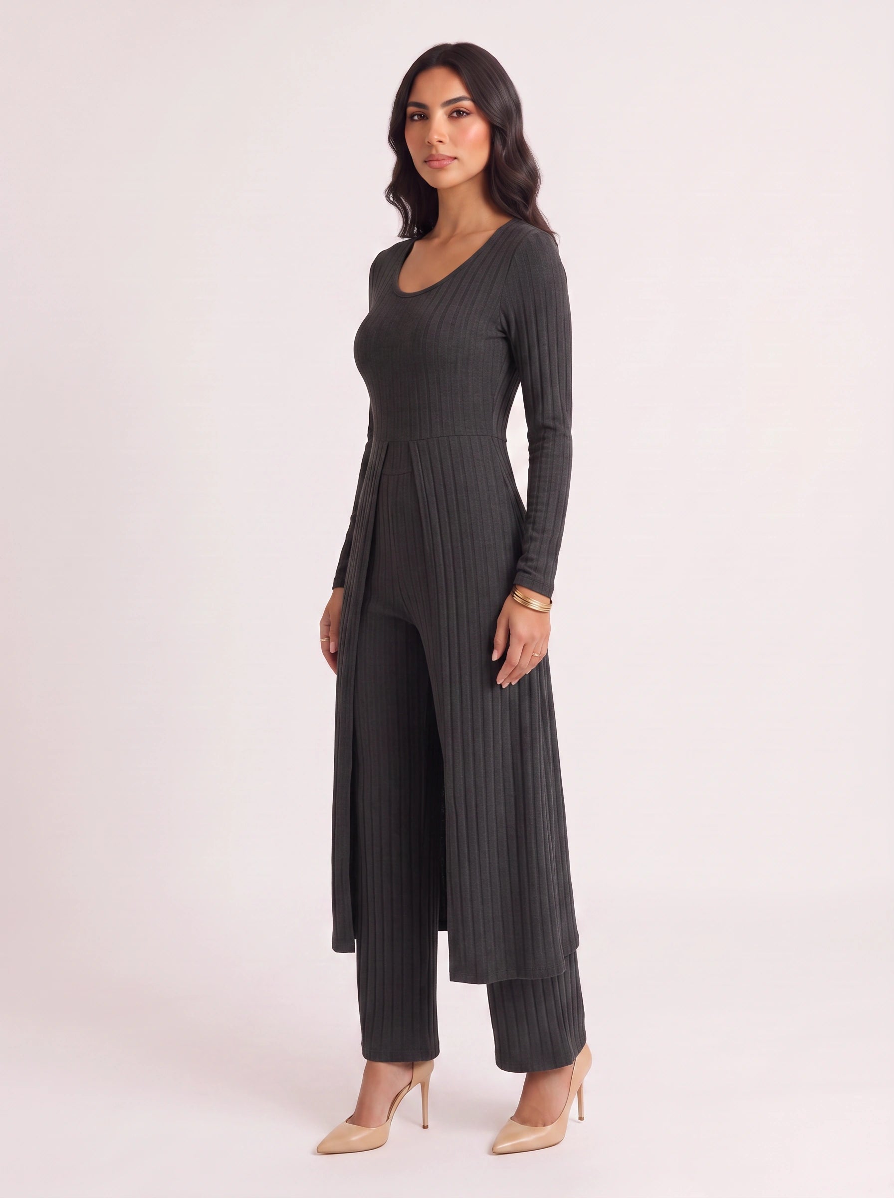 Costella Ribbed Longline Lounge Set – Women Two Piece Loungewear Soft Knit Wide Leg Pants Duster Cardigan Co-Ord