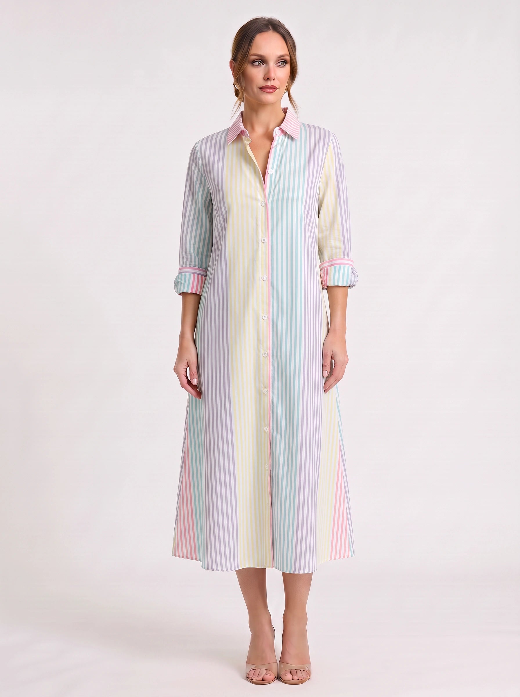Rigarai Striped Shirt Maxi Dress – Button Front Collared Women Summer Beach Vacation Sundress Maxi Dress