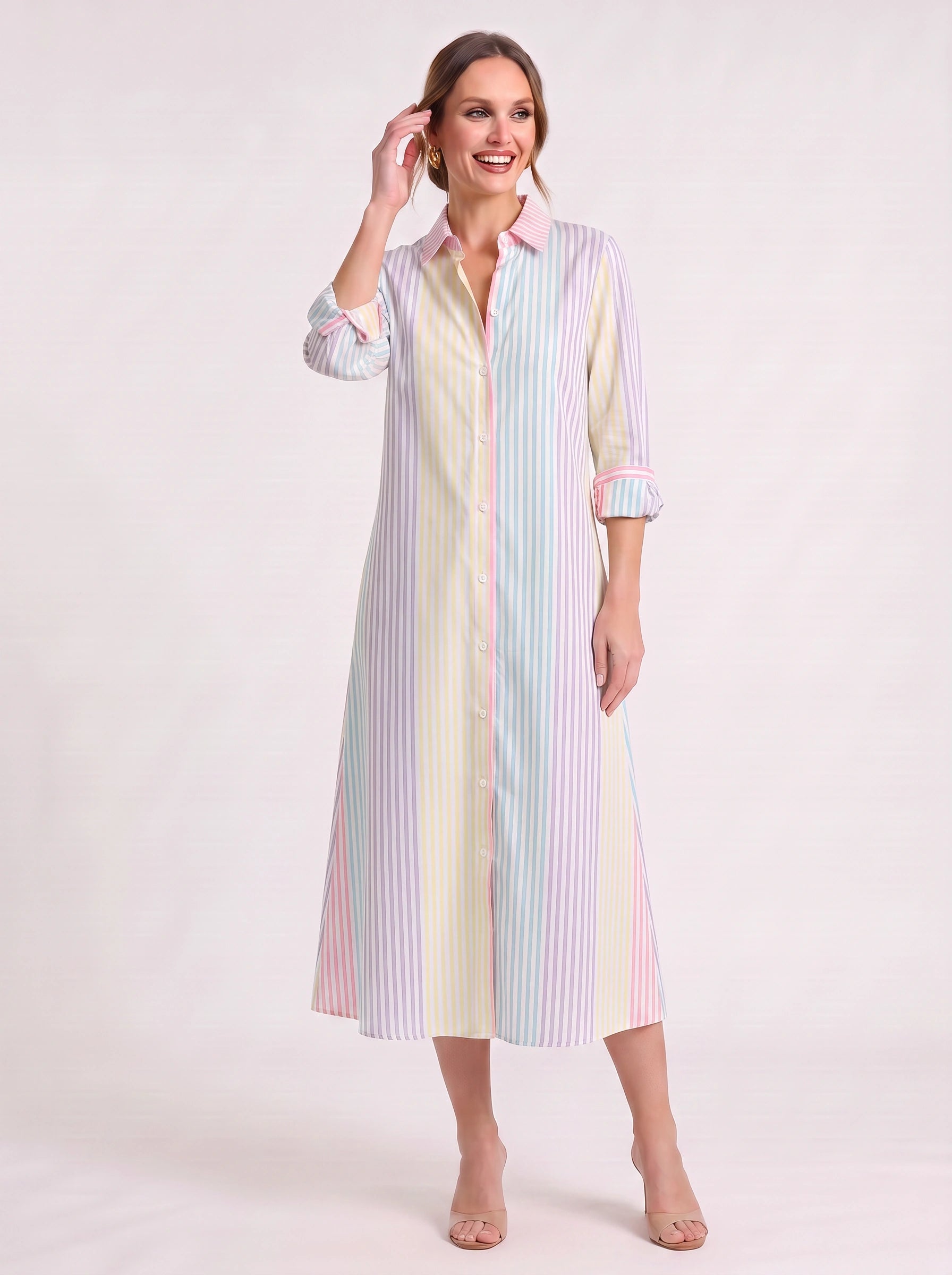 Rigarai Striped Shirt Maxi Dress – Button Front Collared Women Summer Beach Vacation Sundress Maxi Dress
