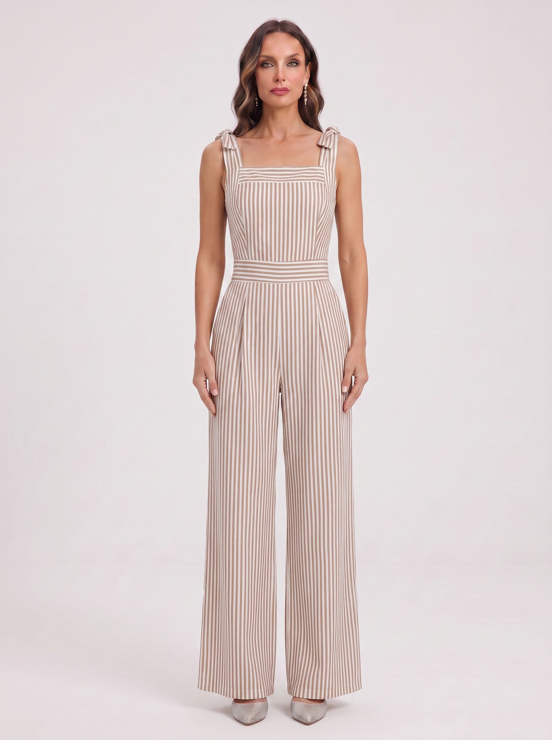 Rigatelle Tie-Shoulder Wide Leg Jumpsuit – Striped Palazzo Pants Women Casual Summer Beach Vacation Outfit