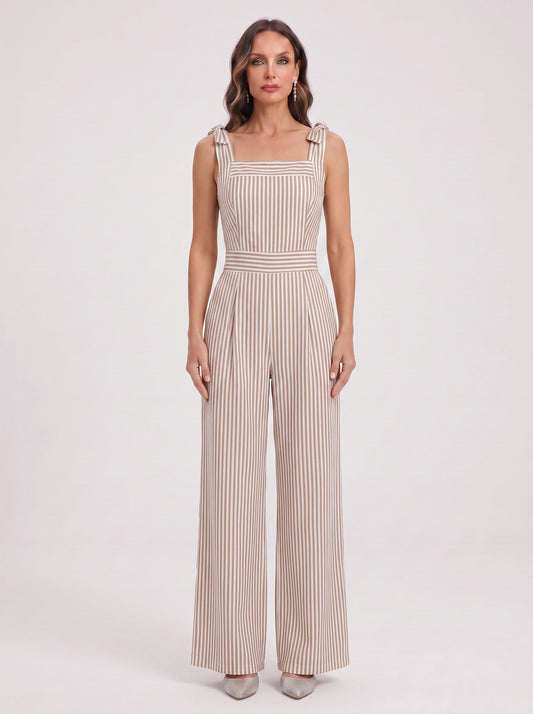 Rigatelle Tie-Shoulder Wide Leg Jumpsuit – Striped Palazzo Pants Women Casual Summer Beach Vacation Outfit