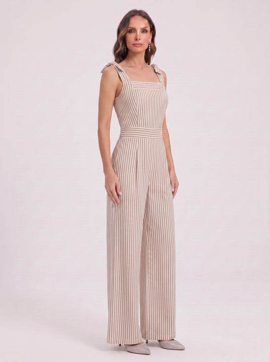 Rigatelle Tie-Shoulder Wide Leg Jumpsuit – Striped Palazzo Pants Women Casual Summer Beach Vacation Outfit