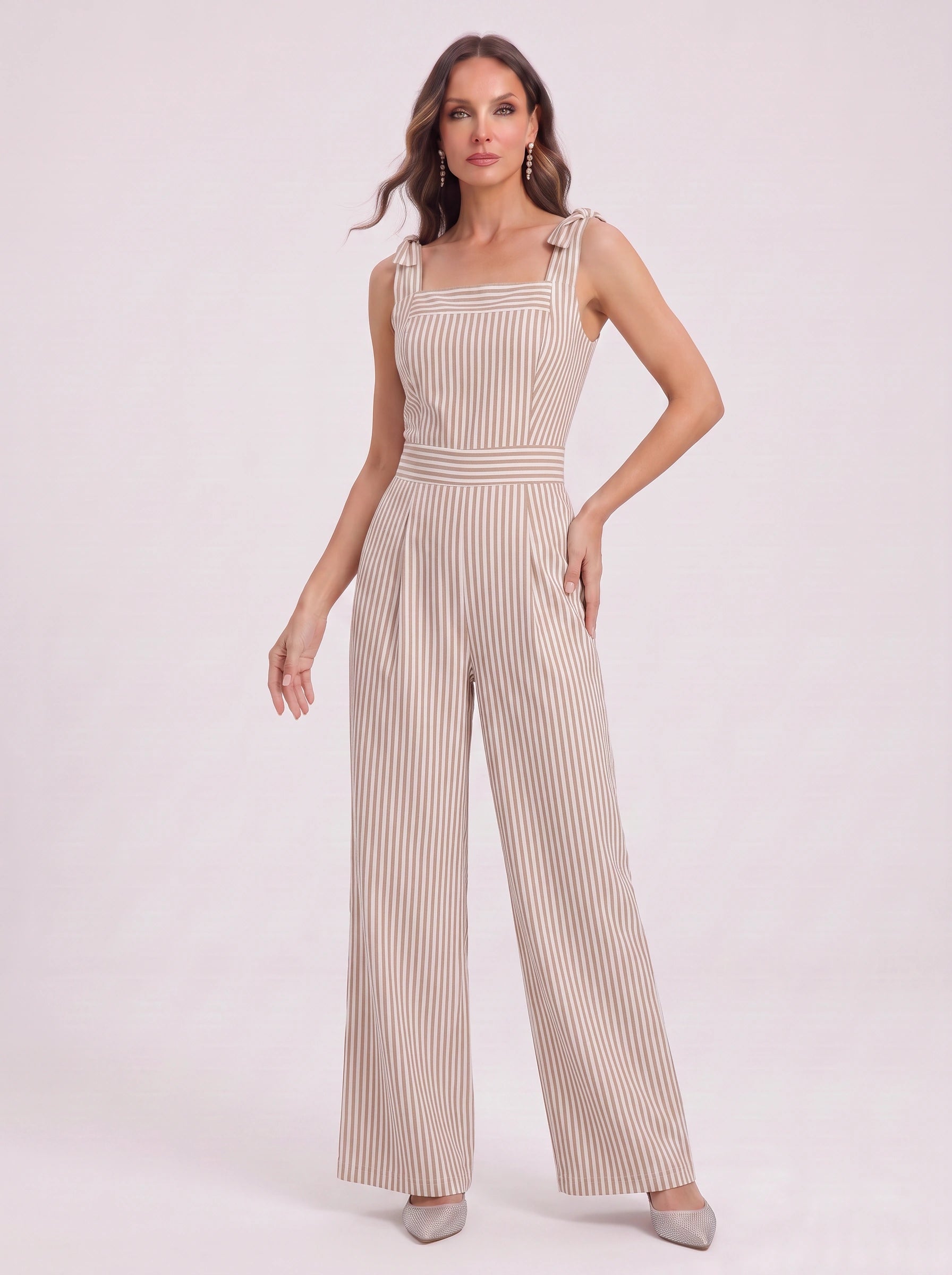 Rigatelle Tie-Shoulder Wide Leg Jumpsuit – Striped Palazzo Pants Women Casual Summer Beach Vacation Outfit